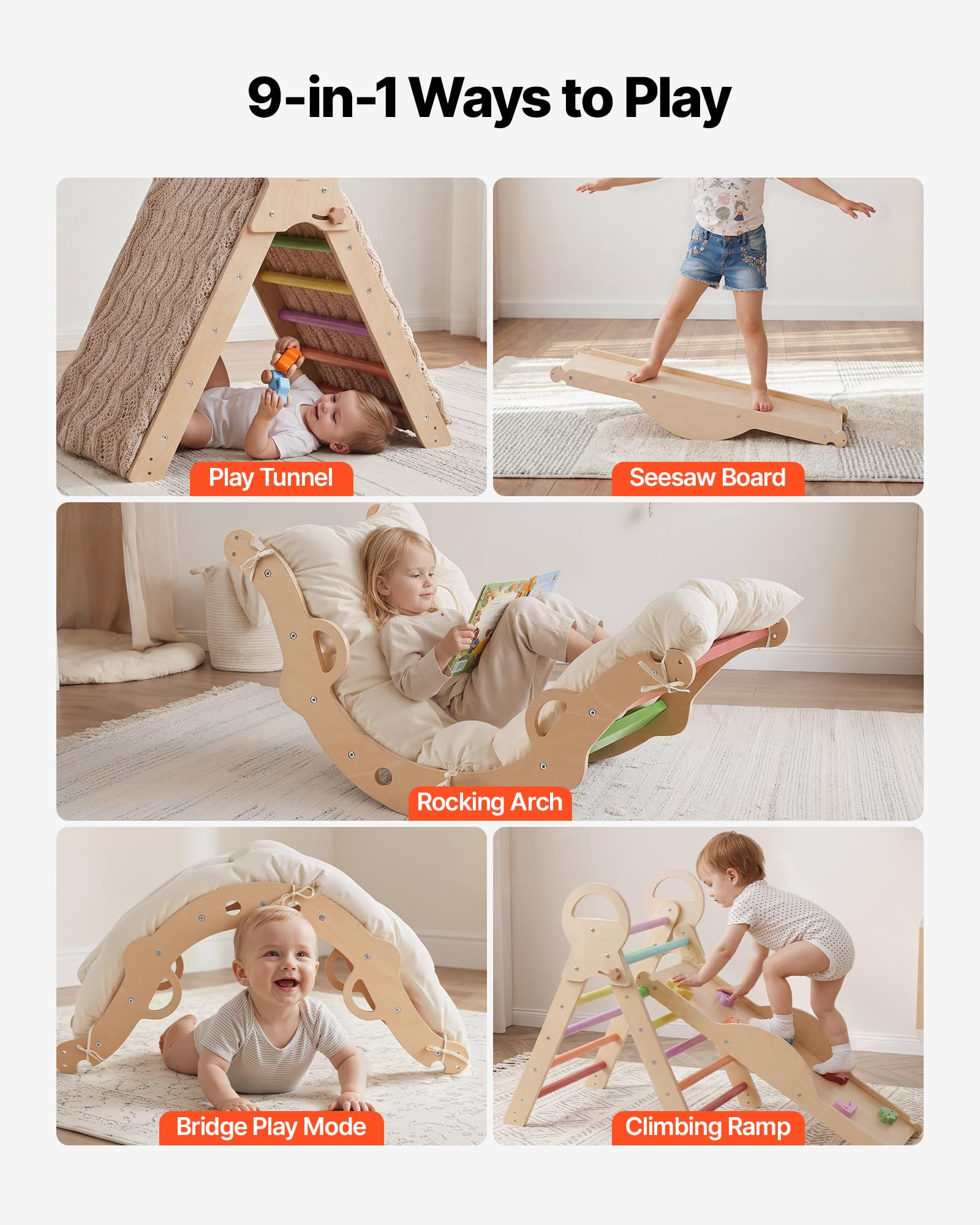 VEVOR Set Triangolo Pikler Struttura Arrampicata 9 in 1 per Bambini Piccoli, Portata 68 kg uso Interno, con Xilofono Cuscino Triangolo Arco e Rampa, Set Montessori Pieghevole per Crescita Equilibrio