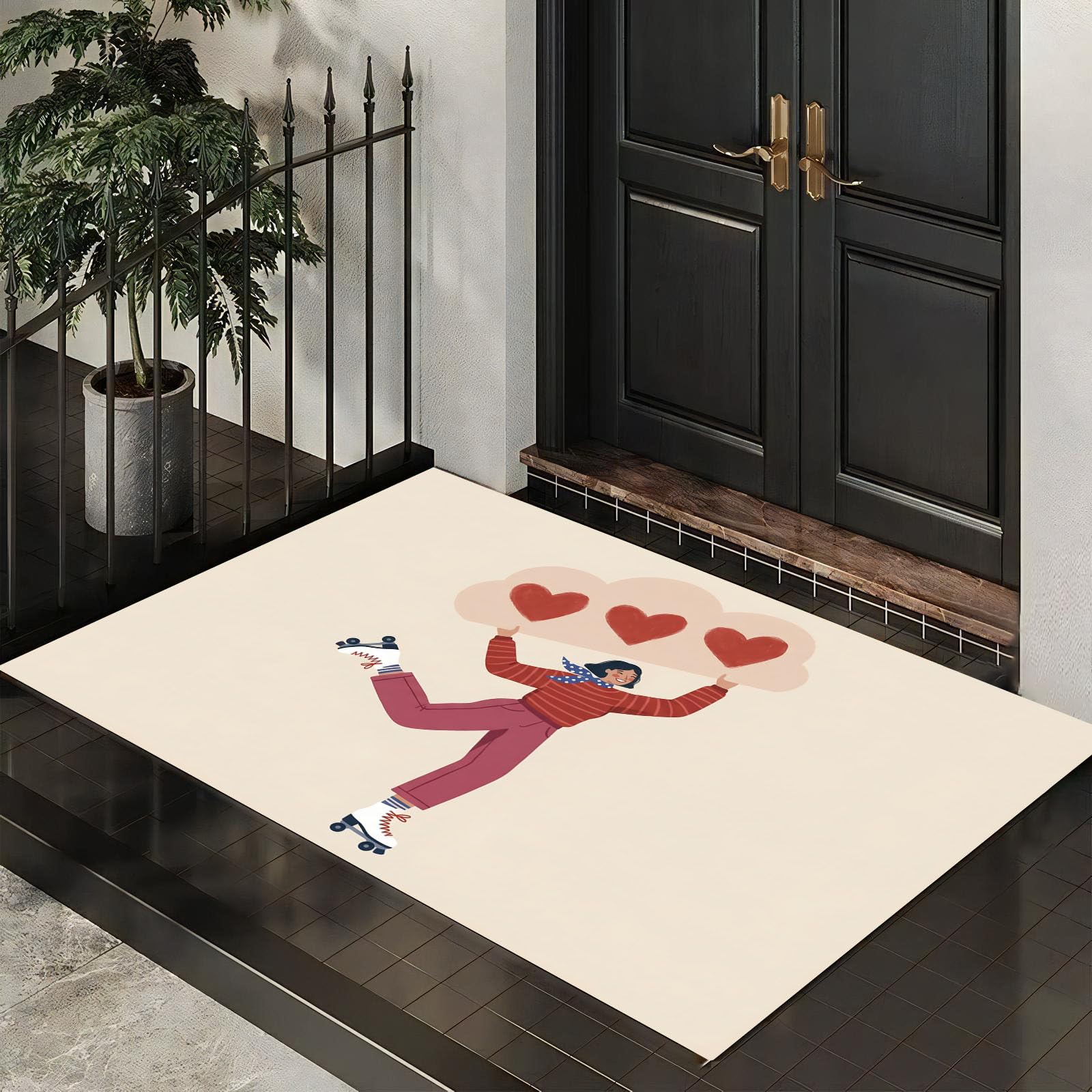 90X150Cm Zerbino Ingresso Interno Antiscivolo Assorbente, Tappeto In Microfibra Sottile Lavabile Con Ragazza Carina Pattini Rotelle Semplice Cuore Geometrico Per Cucina Bagno Porta E Animali, Beige