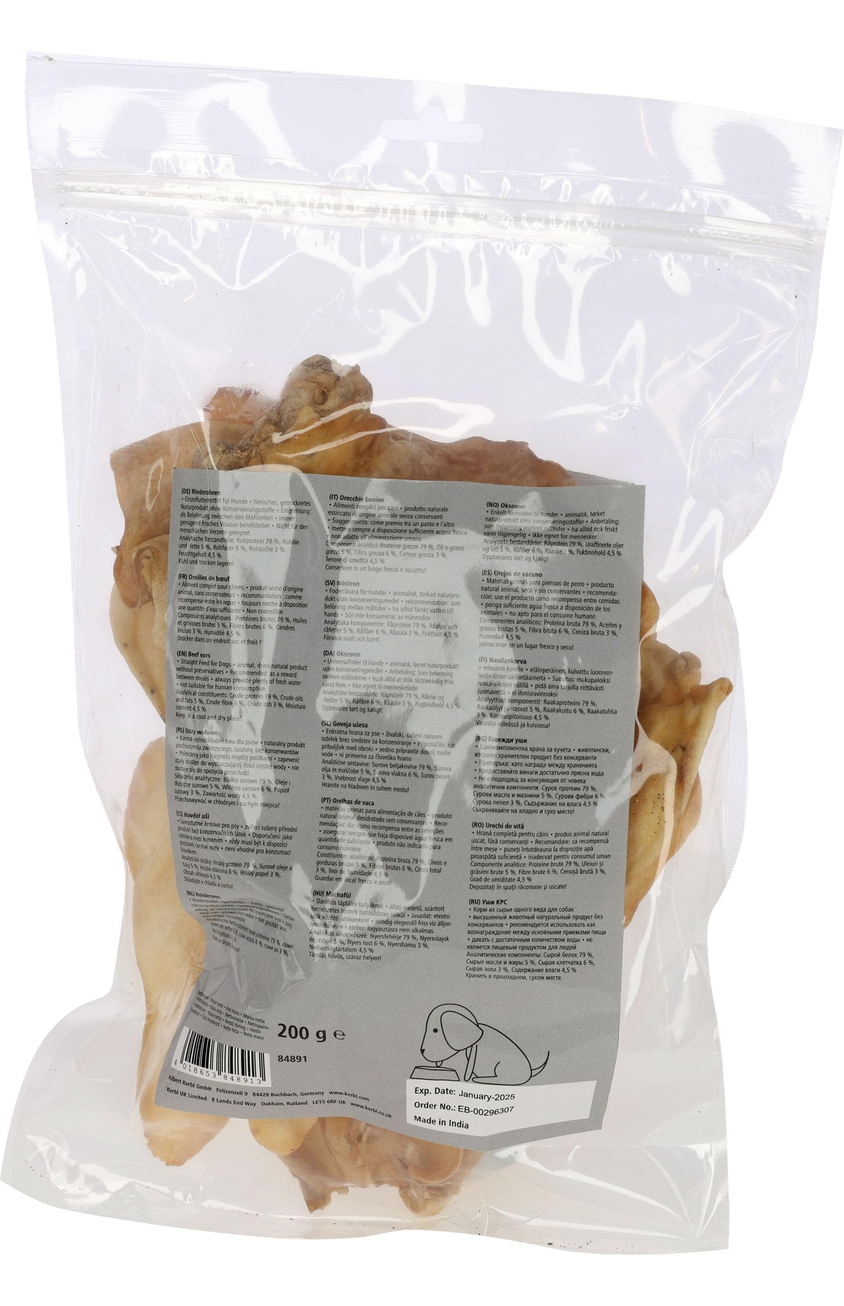 Kerbl Pet Orecchie di manzo, snack per cani, snack, confezione da 10, 200 g, masticabili naturali, per cani di tutte le razze, a basso contenuto di grassi, inodore