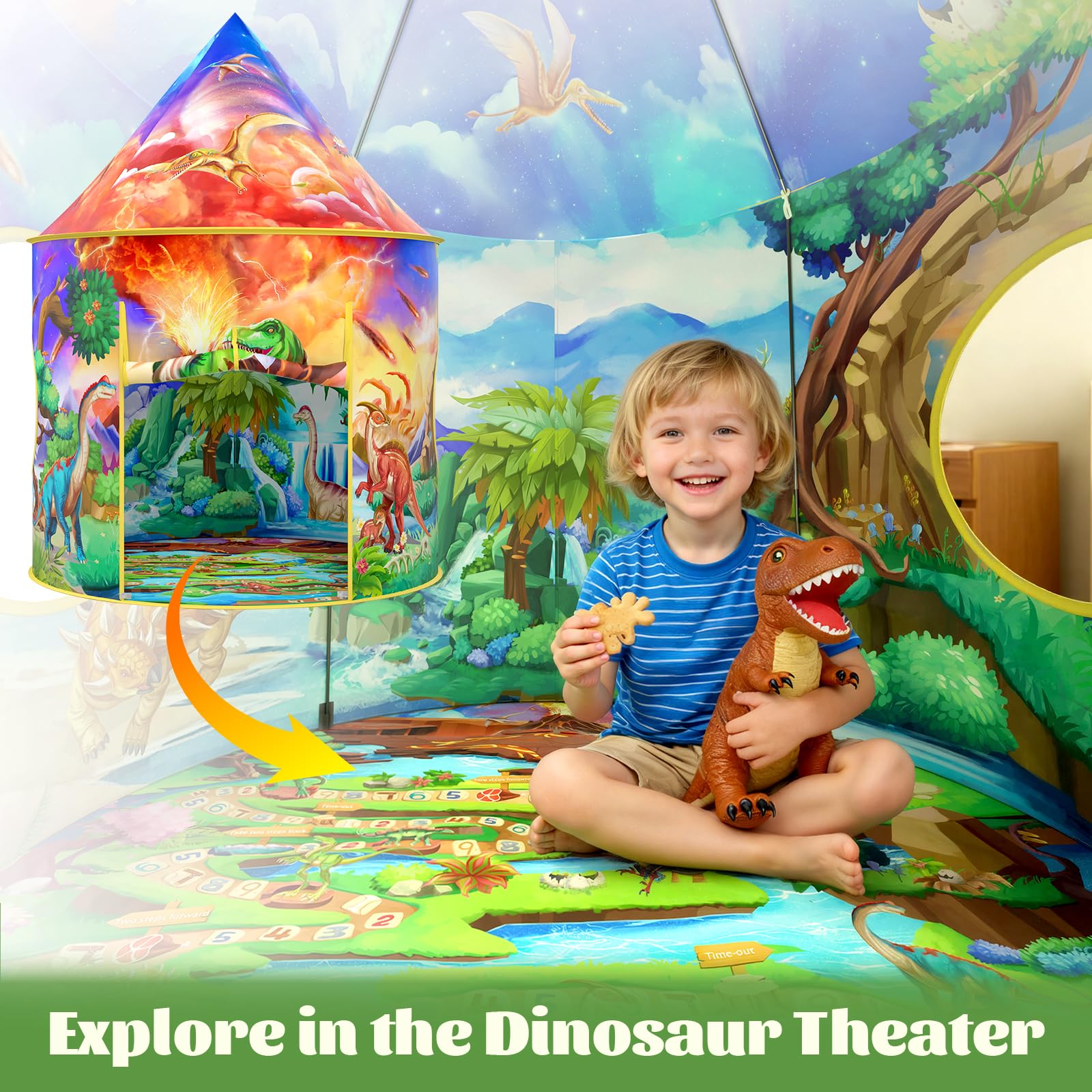 Wilwolfer Tente de Jeu pour la découverte des Dinosaures, Grande Tente Pop-up pour l'intérieur et l'extérieur, Aventure éducative des Dinosaures pour Les garçons et Les Filles (3-12 Ans).
