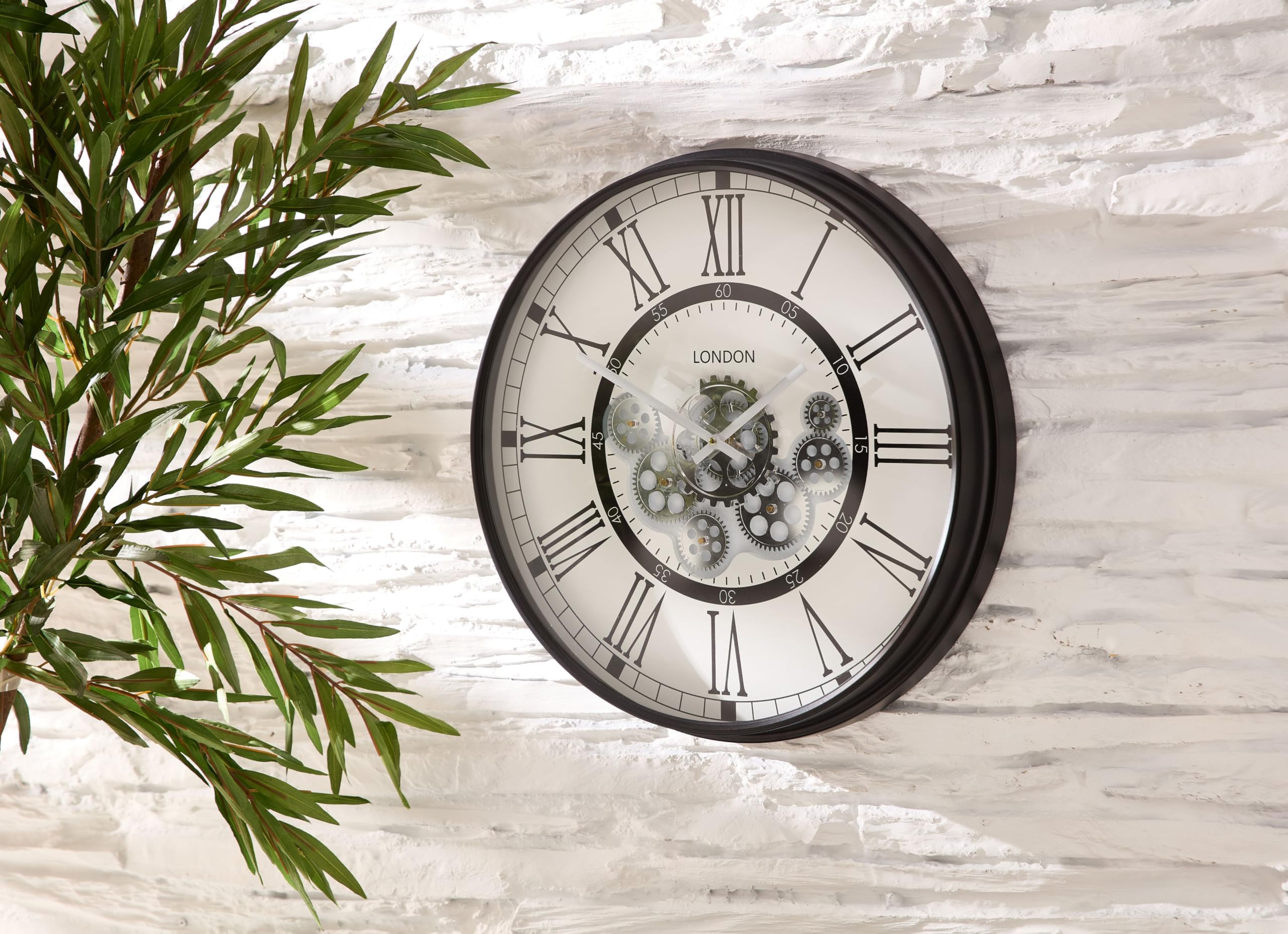 Kremers Schatzkiste Moderne Wanduhr London mit Beweglichen Zahnrädern 54cm, Silber-Schwarz, Metall