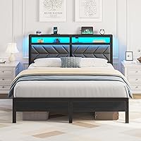 Vista 24 de Seventable Base de cama individual con estación de carga y luces LED, cabecera tapizada con estantes de almacenamiento de 2 niveles, plataforma