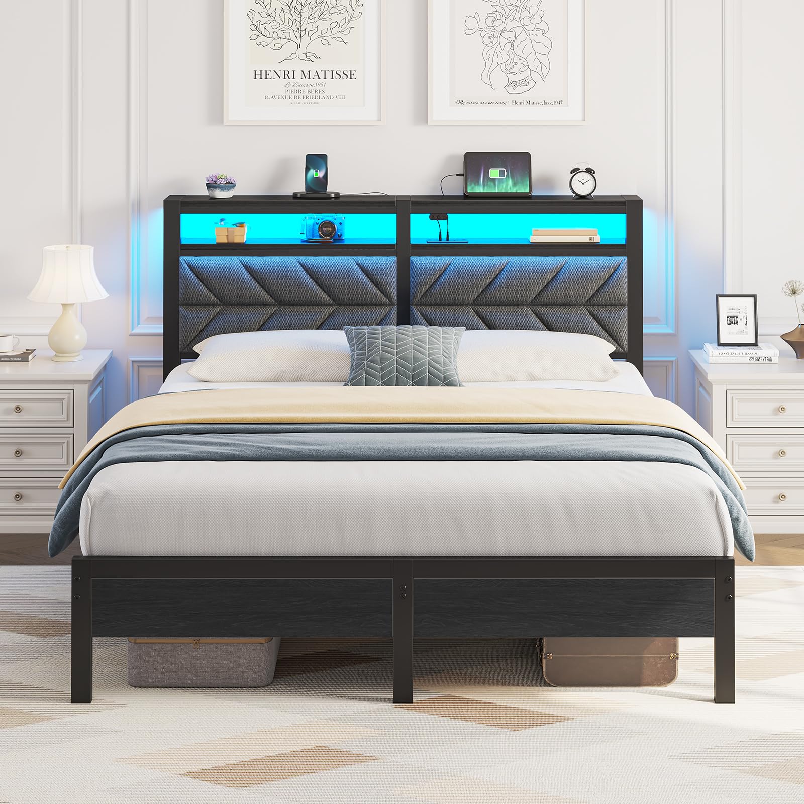 Seventable Bed Frame Full Size with Charging Station, LED Bed with Upholstered Storage Headboard, Metal Platform Bed with Under Bed Storage, No Box Spring Needed, Noise Free, Easy Assembly, Grey