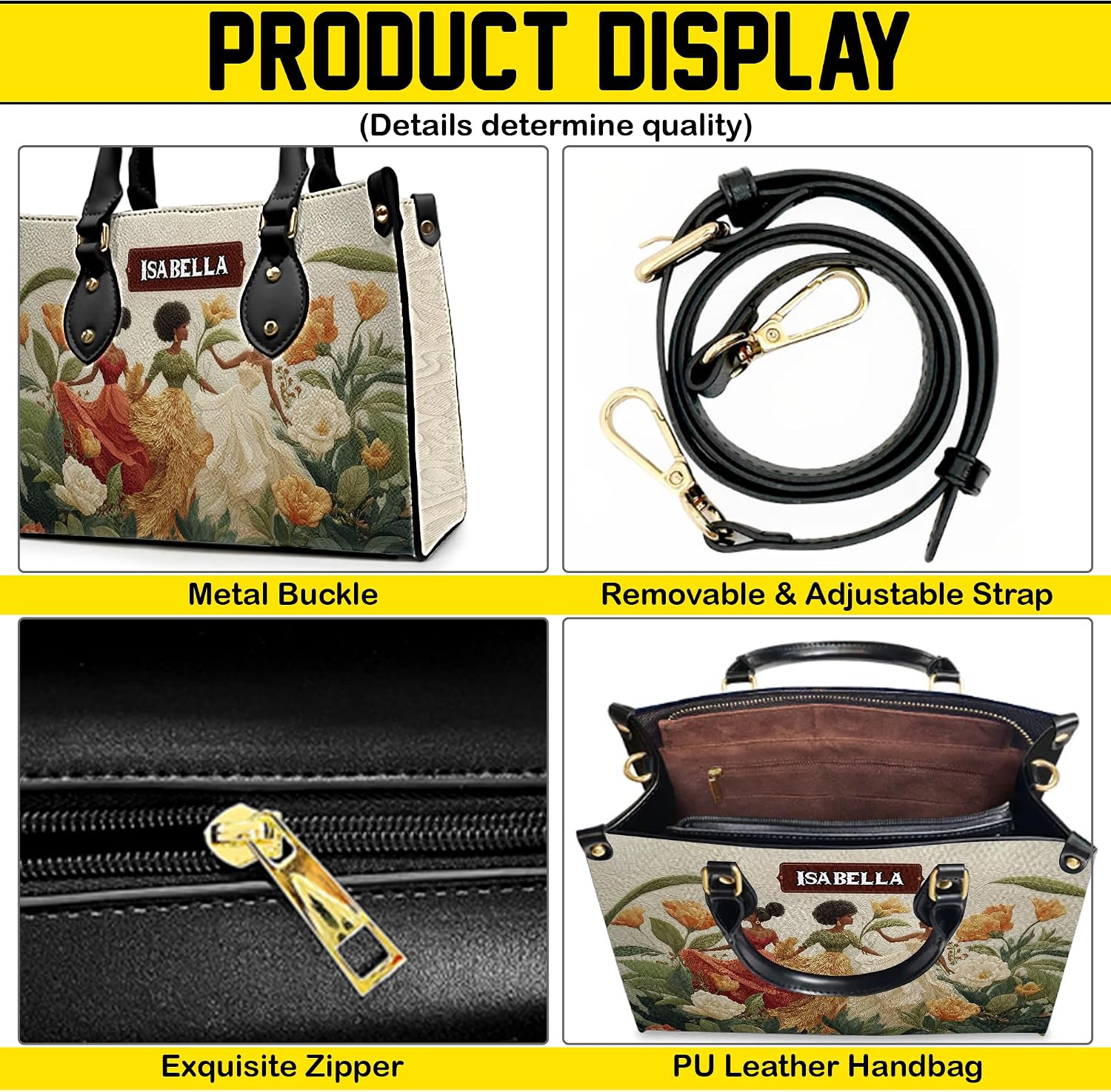 Custom African Women Leather Handbag with Matching Purse, Golden Queens Bag Custom Name Handbag Black Women Bag for Mom