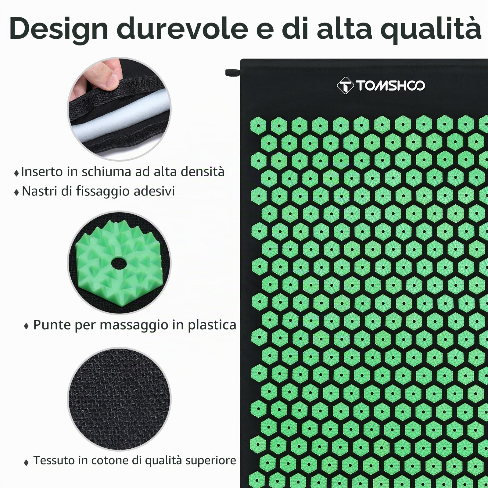 TOMSHOO Shiatsu, Tappetino da Massaggio per Agopuntura, Con Cuscino per la Testa e 2 Palline da Massaggio, Borsa, per Alleviare il mal di Schiena, la testa, Alleviare la Tensione