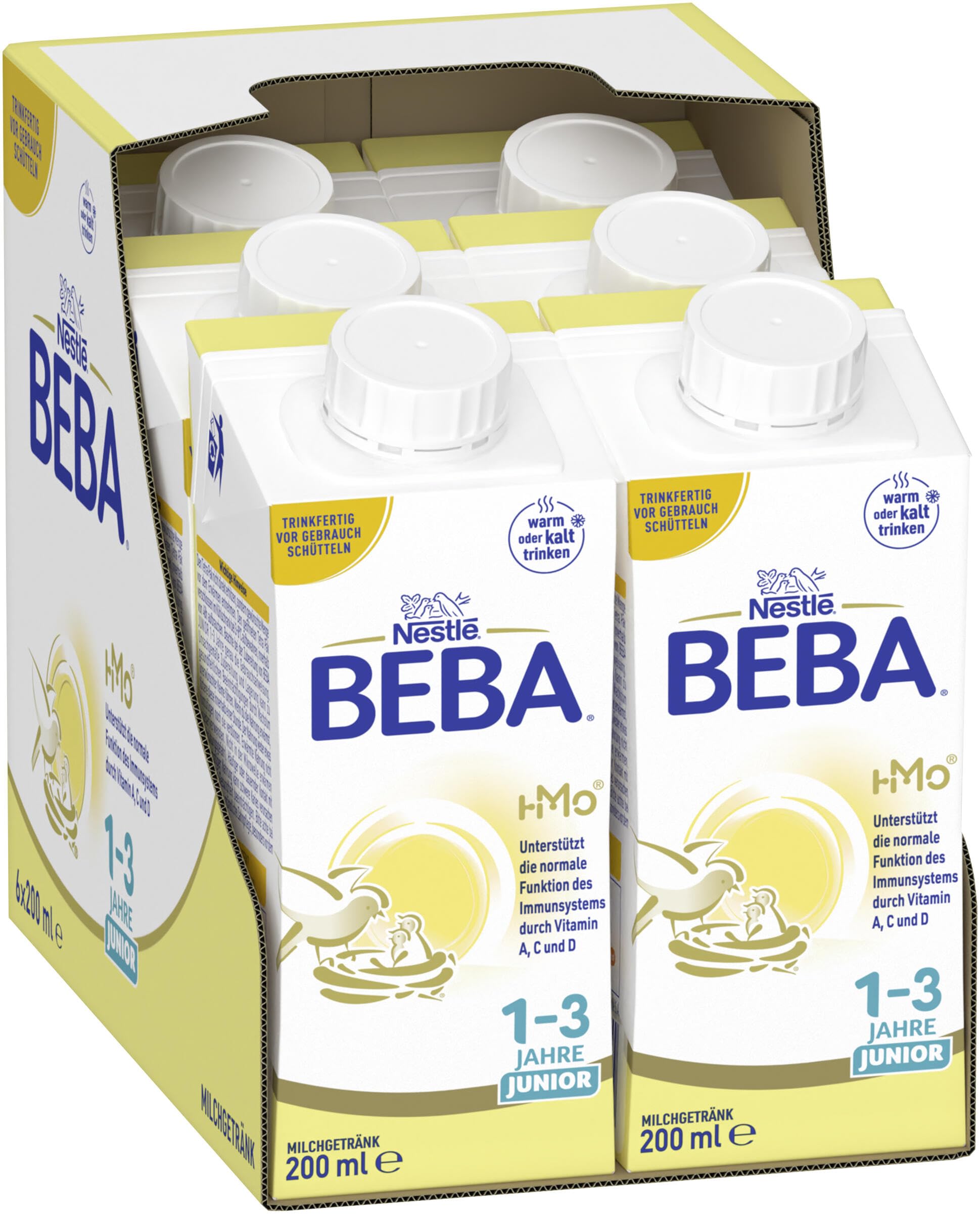 BEBA Junior 1-3 Jahre Milchgetränk trinkfertig, Mit HMO, Altersgerecht angepasster Proteingehalt, Ohne Palmöl, Ohne Fischöl, Kleinkindnahrung, 6er Pack (6 x 200ml)
