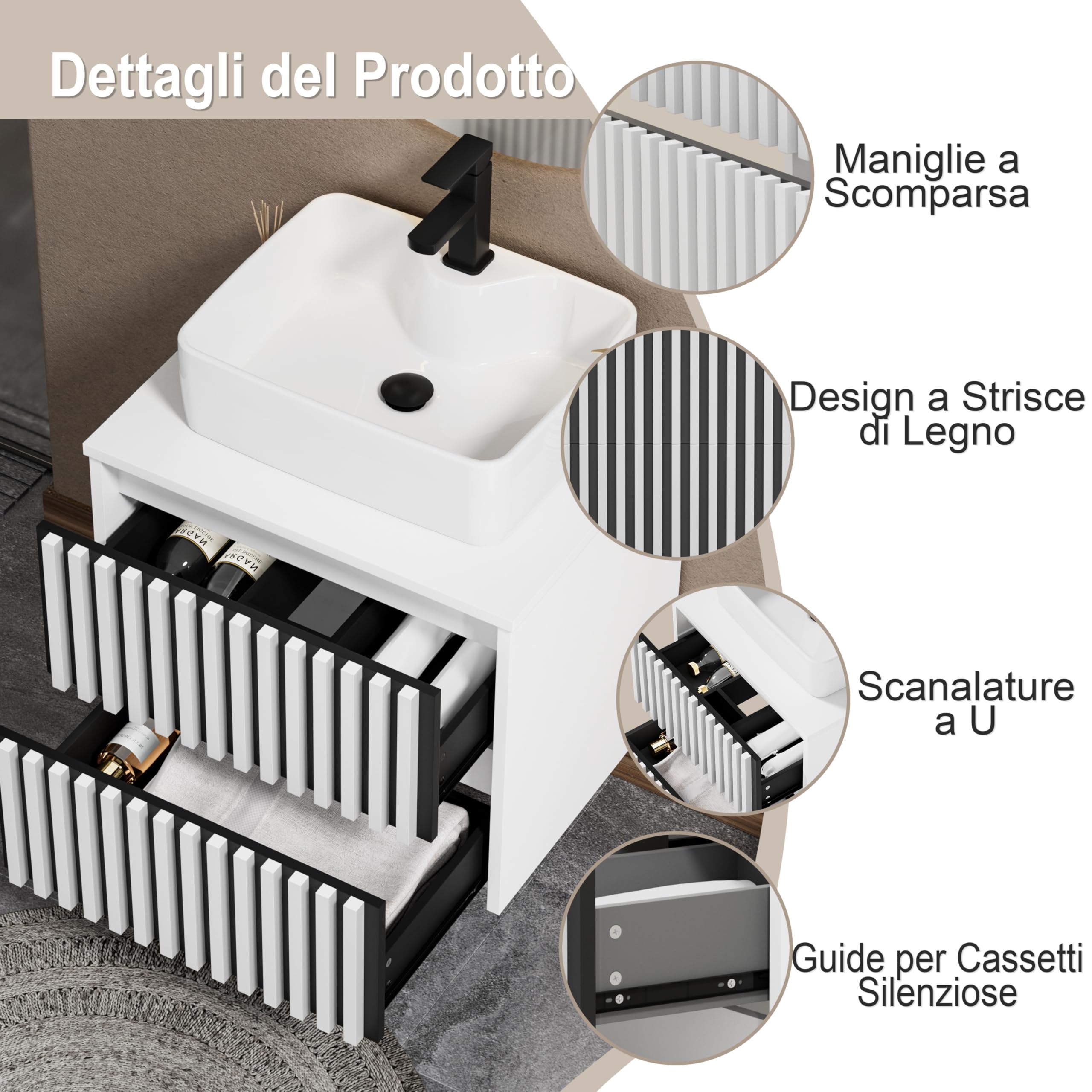 UEV Mobiletto Bagno 60CM con Lavabo in Ceramica, Mobile Bagno Sospeso Combina Eleganza e Funzionalità, Lavandino con Mobiletto da Parete, Bianco+Nero