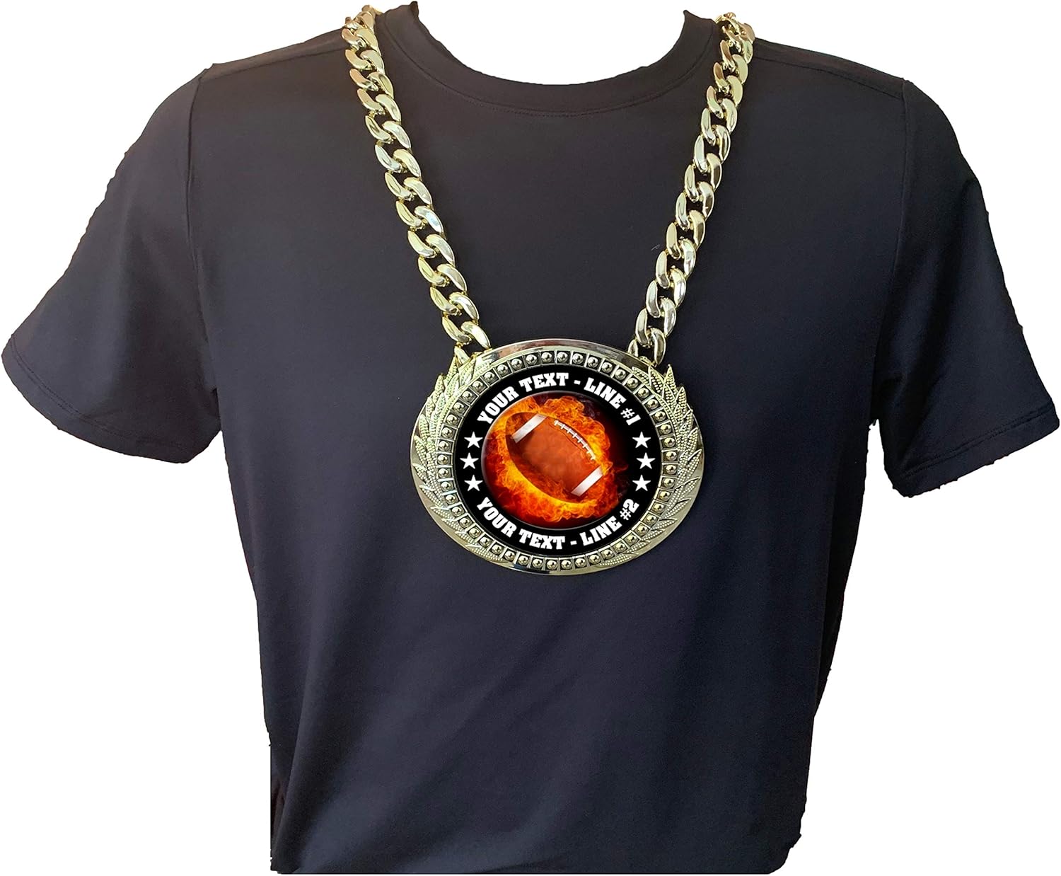 Express Medals Custom Flame Football Champ Chain Trophy with 2 Lines of Personalized Text on a Large Rigid Plastic Award Medal and 34 Inch Long Gold Color Neck Chain. EMFCL802