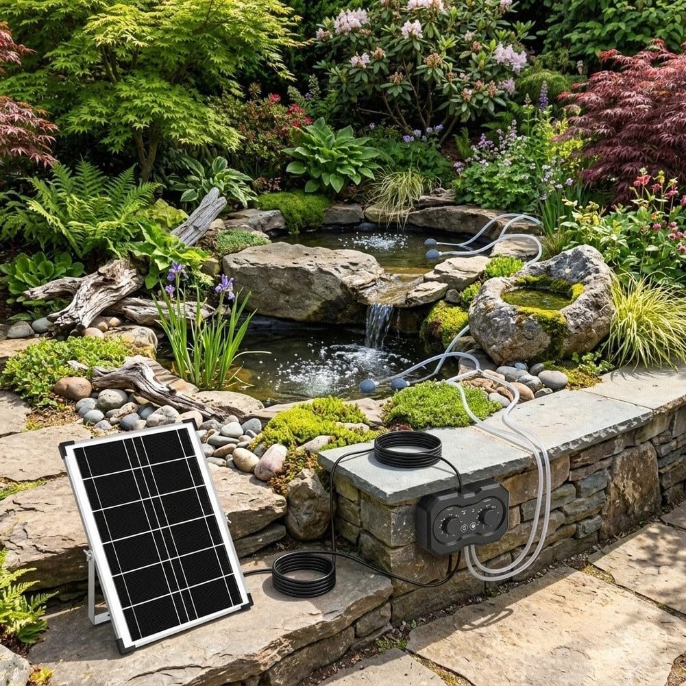 Oxigenador de energía solar para estanques, bomba de aire de modo dual con recargable para batería, funcionamiento silencioso para acuarios, hidroponía, baños de pájaros