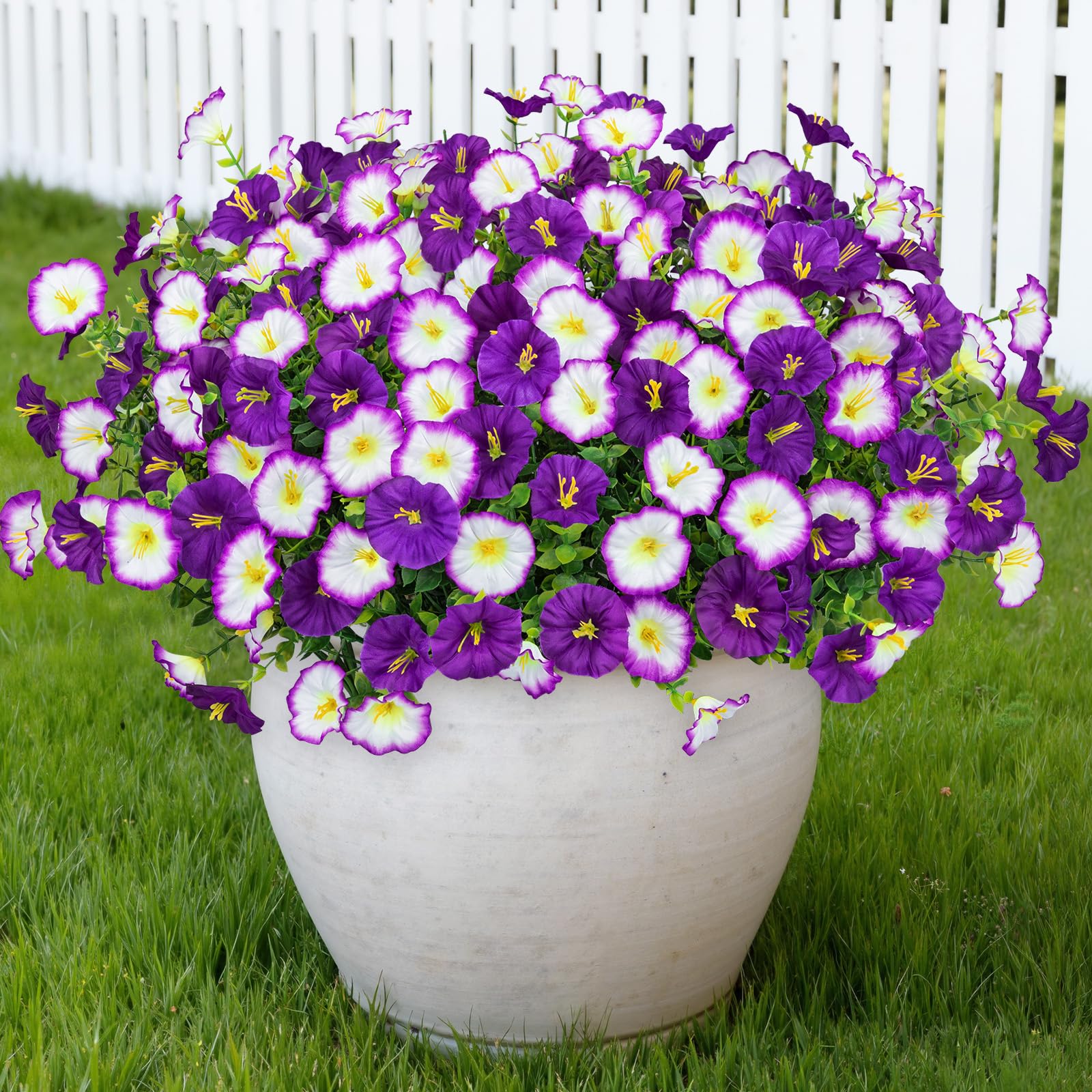 Artificial Flowers for Outdoors, 16 Bundles Mix Color Silk Faux Flowers Morning Glory UV Resistant Eucalyptus Plants Fake Petunias Plants for Porch Garden Planters Window Box Outside Indoor Decor