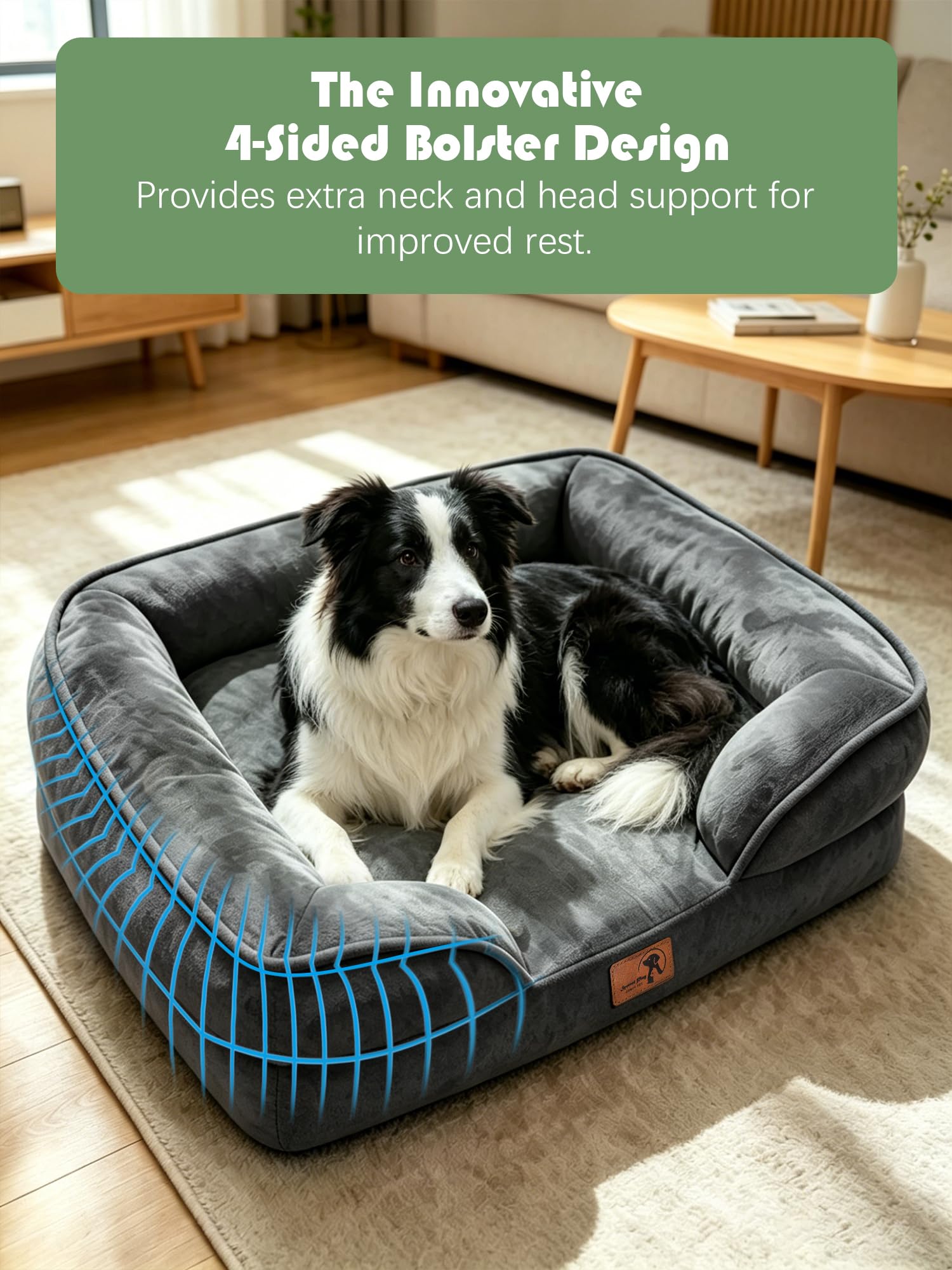 Spotted Play Orthopedic Dog Bed with Sides - Sofa Beds for Large Dogs, Supportive Foam Pet Couch Bed with Washable Removable Cover, Waterproof Lining and Non-Slip Bottom, Dark Grey - L view 5