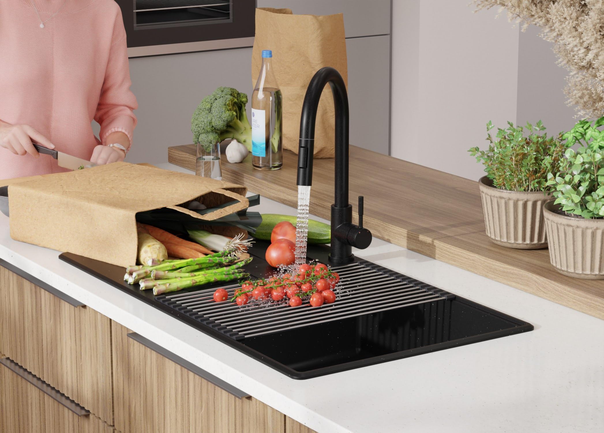 PRIMAGRAN Lavello da Cucina Nero Metallico 90x50cm, Lavandino in Granito a 1 vasca + Sifone Classico, Lavabo da Cucina Incasso al Mobile 60cm - Copenhagen Top S661