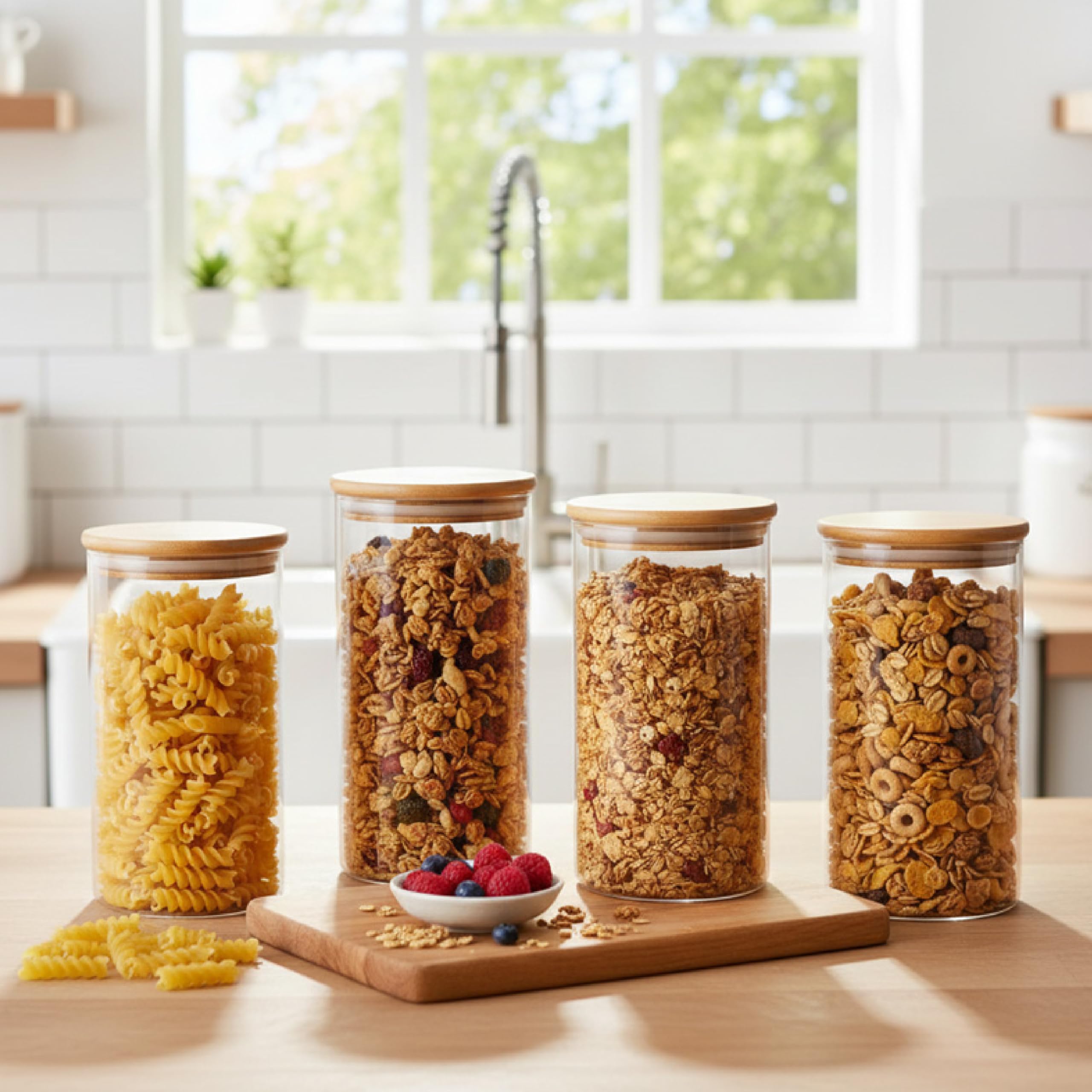 Baroni Home Set 4 Barattoli in Vetro Borosilicato con Tappo in Bamboo, 1.2 L Contenitori Alimentari Ermetici Lavabili in Lavastoviglie, Design Minimal, 20 cm