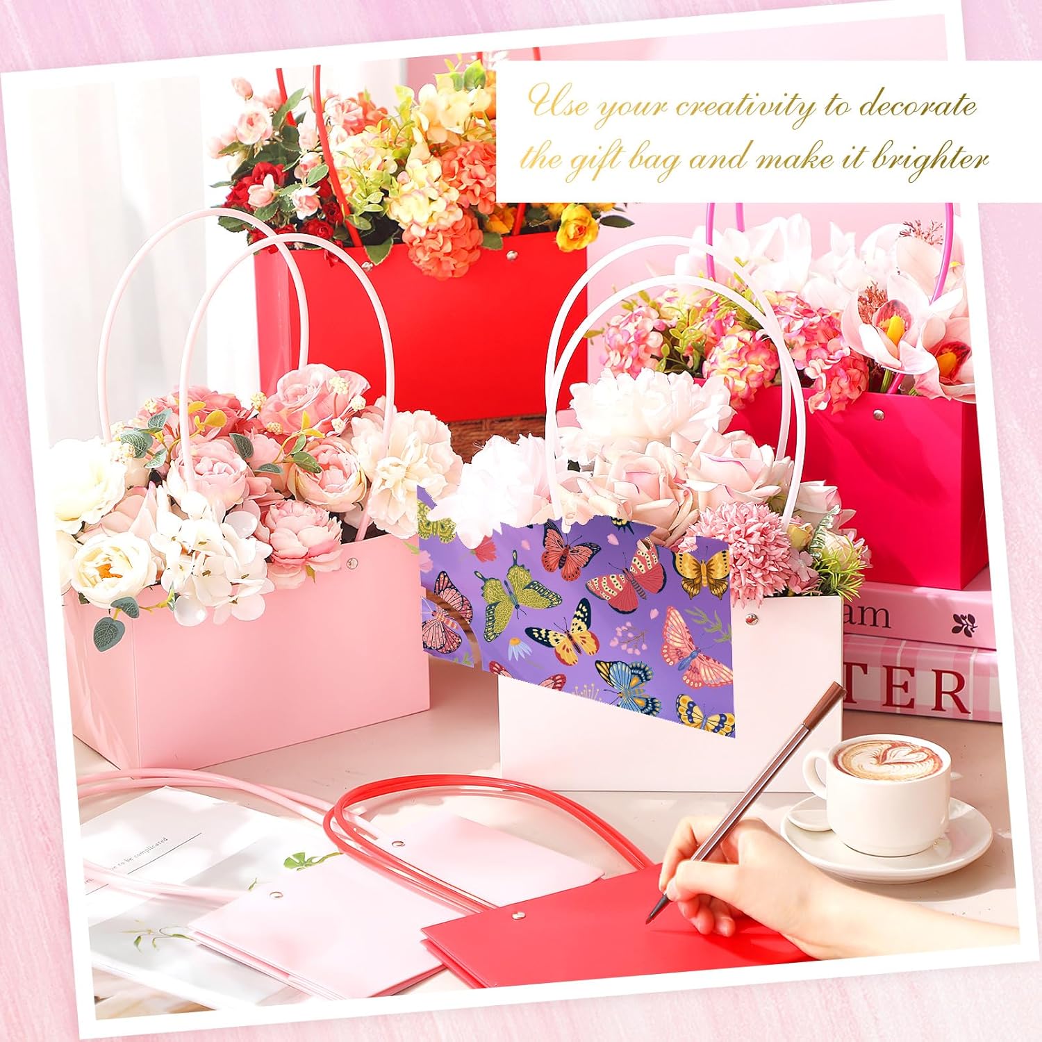 Geyoga 12 Pcs Mother's Day Flower Bags Boxes for Arrangements Kraft Paper Floral Wrapping with Handle Waterproof for Graduation Anniversary Fresh Flowers Bouquets Gift Bags(4 Colors)