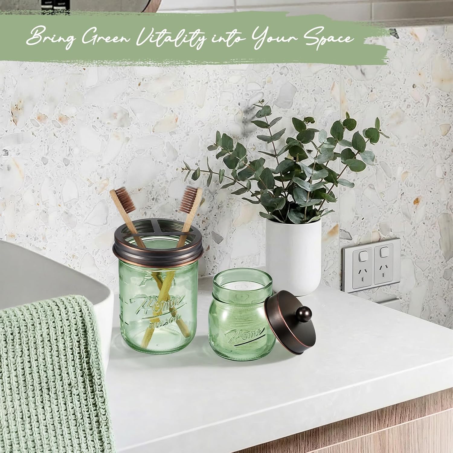 SheeChung Mason Jar Toothbrush Holder, Green Glass Toothbrush Holder, Bathroom Countertop Organizer, Stainless Steel Lid, Toothbrush Toothpaste Holder Storage, Oil Rubbed Bronze Bathroom Accessories