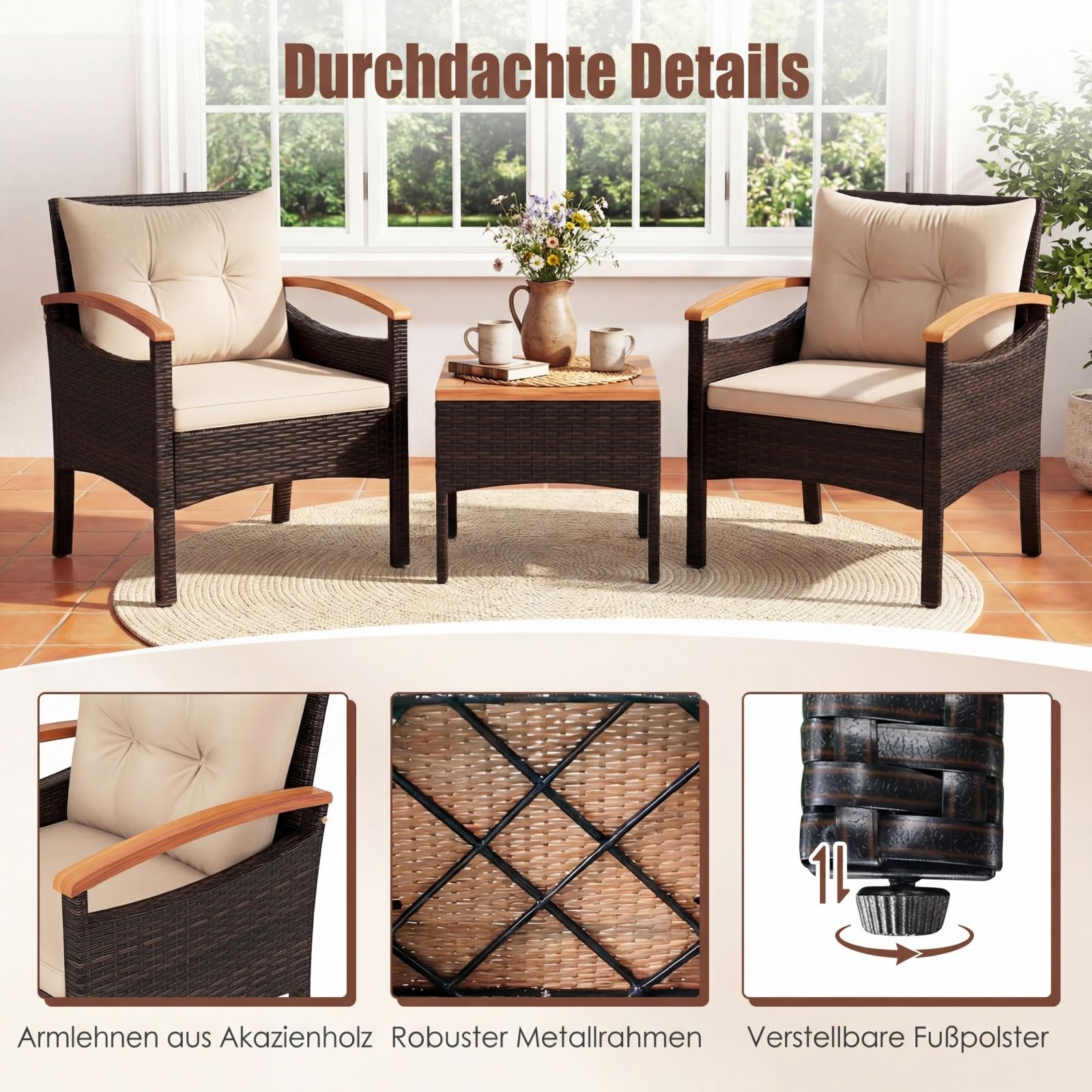 COSTWAY Balkonmöbel Set, Rattan Gartenmöbel Set 3 teilig mit 2 Stühle und Tisch aus Akazienholz, Balkonmöbel Kleiner Balkon, Gartenlounge 2 Personen inkl. Kissen, für Garten Terrassen Balkon (Braun)