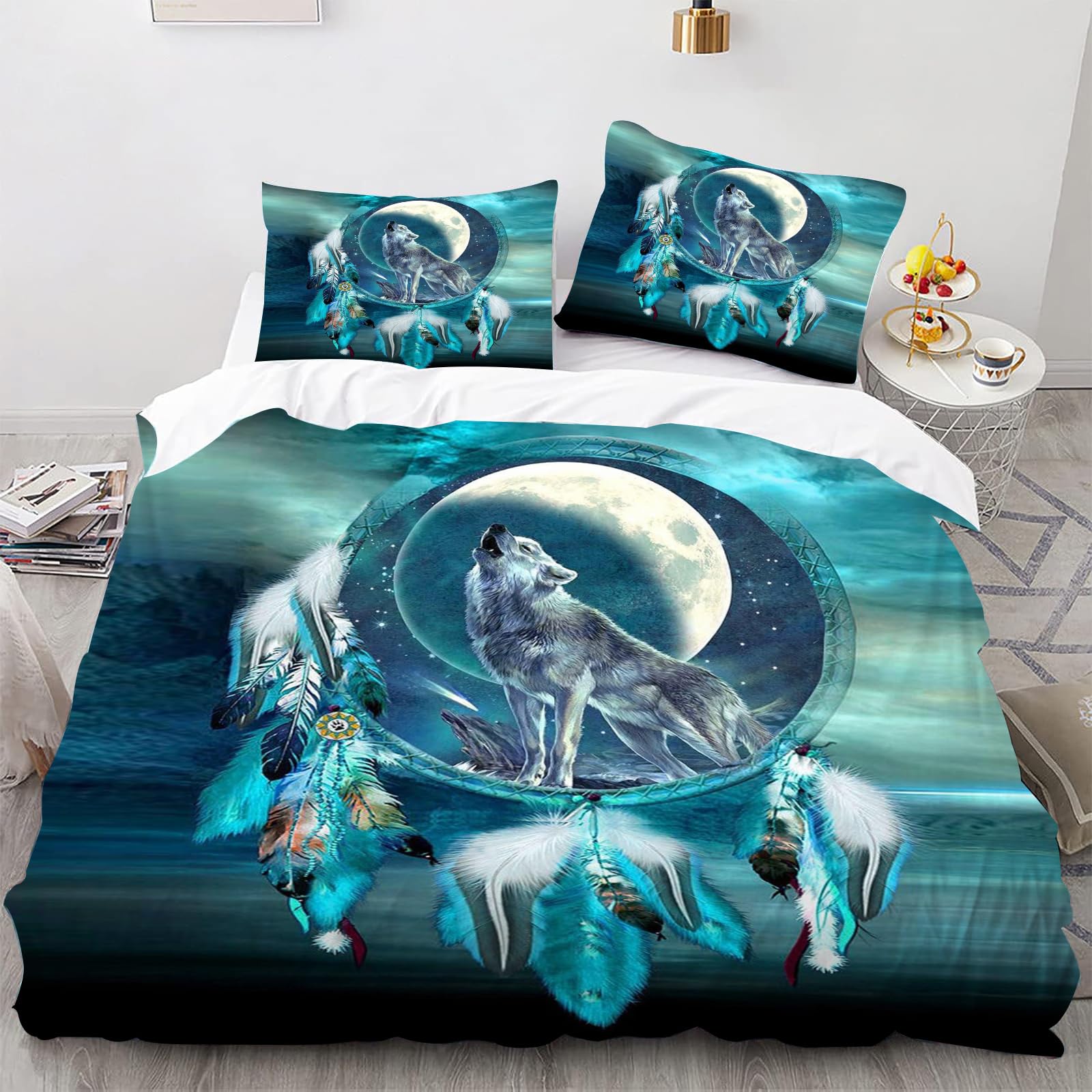 Smchwbc 8 Wolf Bed Linen 135 X 200 Cm Children's Animal 3D Wolf Duvet Cover Set For Teenagers, Wolf Bed Linen Set 3-Piece Black Blue With Zip (140 X 210 Cm, )