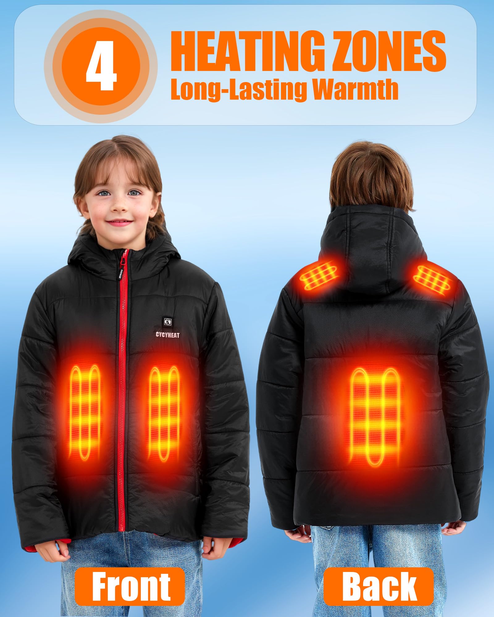 CYCYHEAT Chaqueta térmica para niños y niñas, chaqueta térmica con capucha, calentador de cuerpo con batería, ropa térmica para esquí