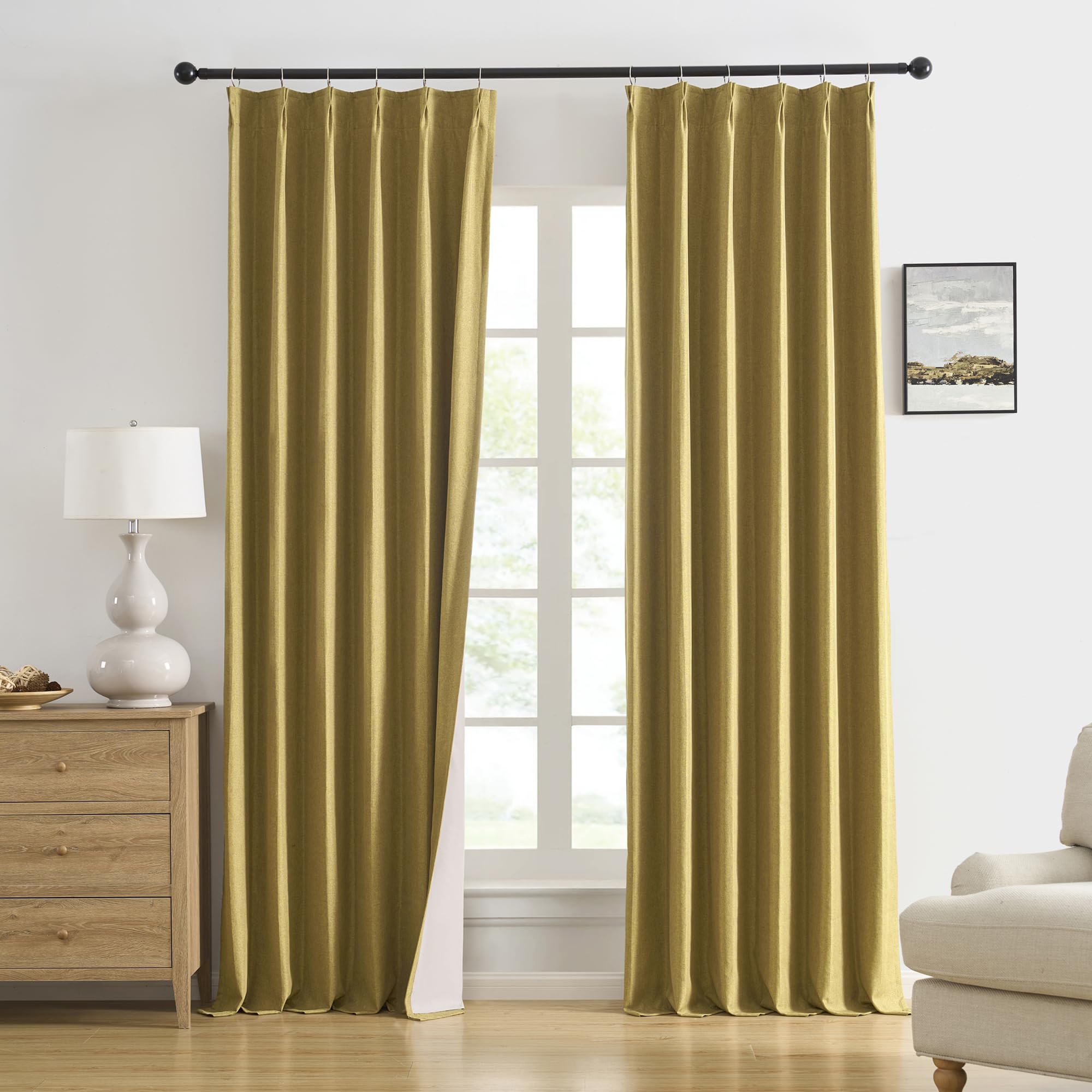DUALIFE Mustard Yellow Pinch Pleated Blackout Curtains 90 Inches Long, Back Tab with Hooks, Linen Full Black Out Thermal Insulated Track Curtain for Bedroom Living Room,40 W x 90 L, 2 Panels โ image 1