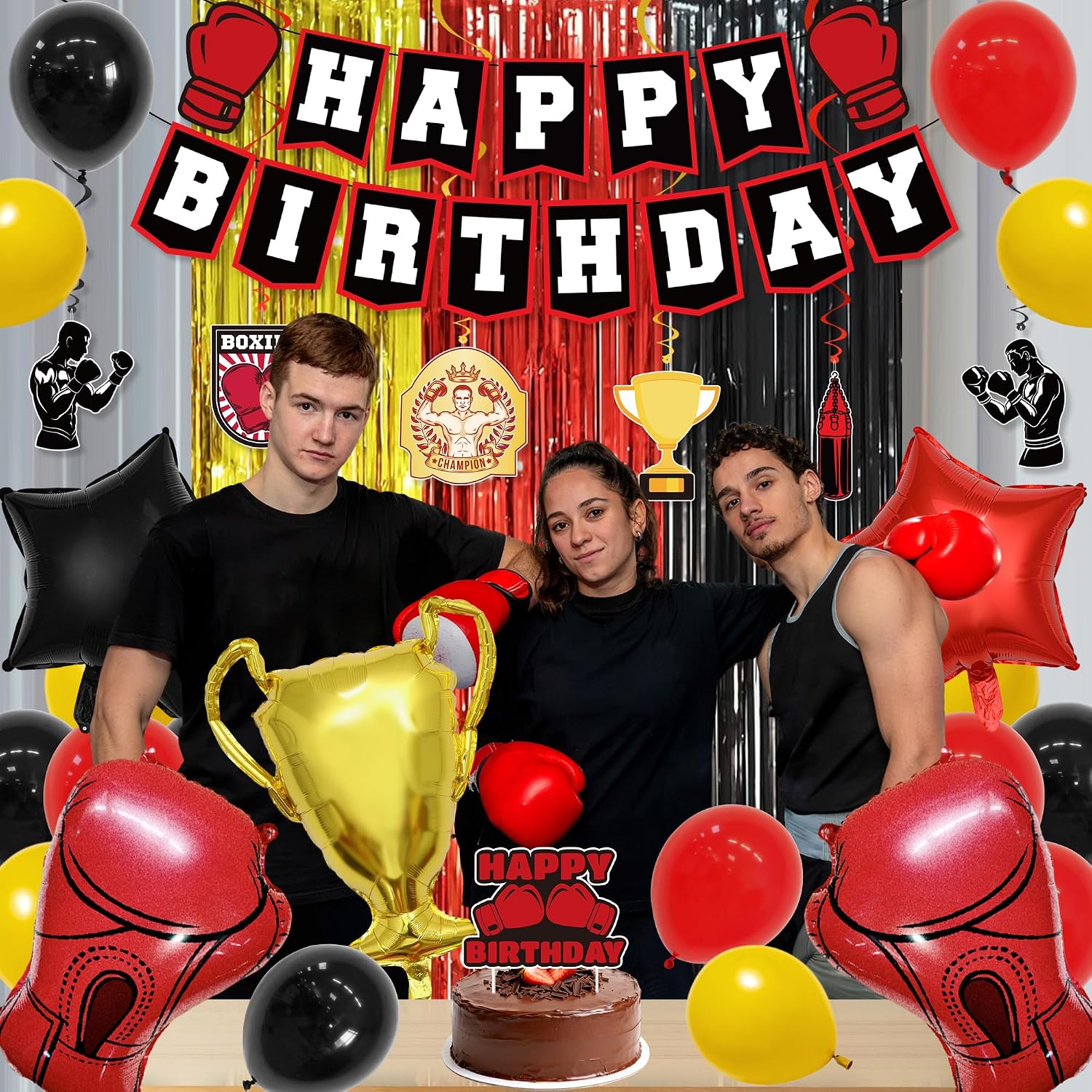Boxing Party Decorations – Fight Night Theme Kit- Happy Birthday Banner, Black-Red Foil Backdrop, Cake Topper & Red Gloves Balloons. Perfect for Boys' & Men's Boxing-Themed Birthdays