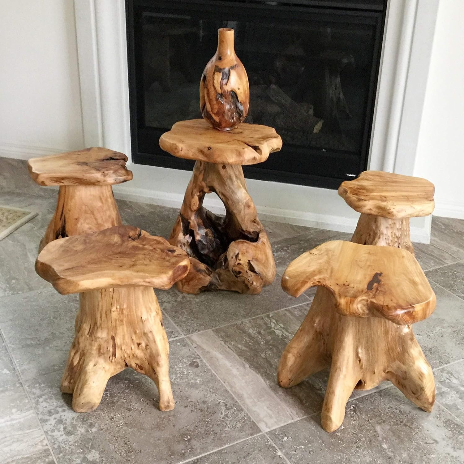 UKN Cedar Roots Naturally Shaped Mushroom Stool Side Table Stand Natural Cabin Lodge Specialty Finish Reclaimed Wood