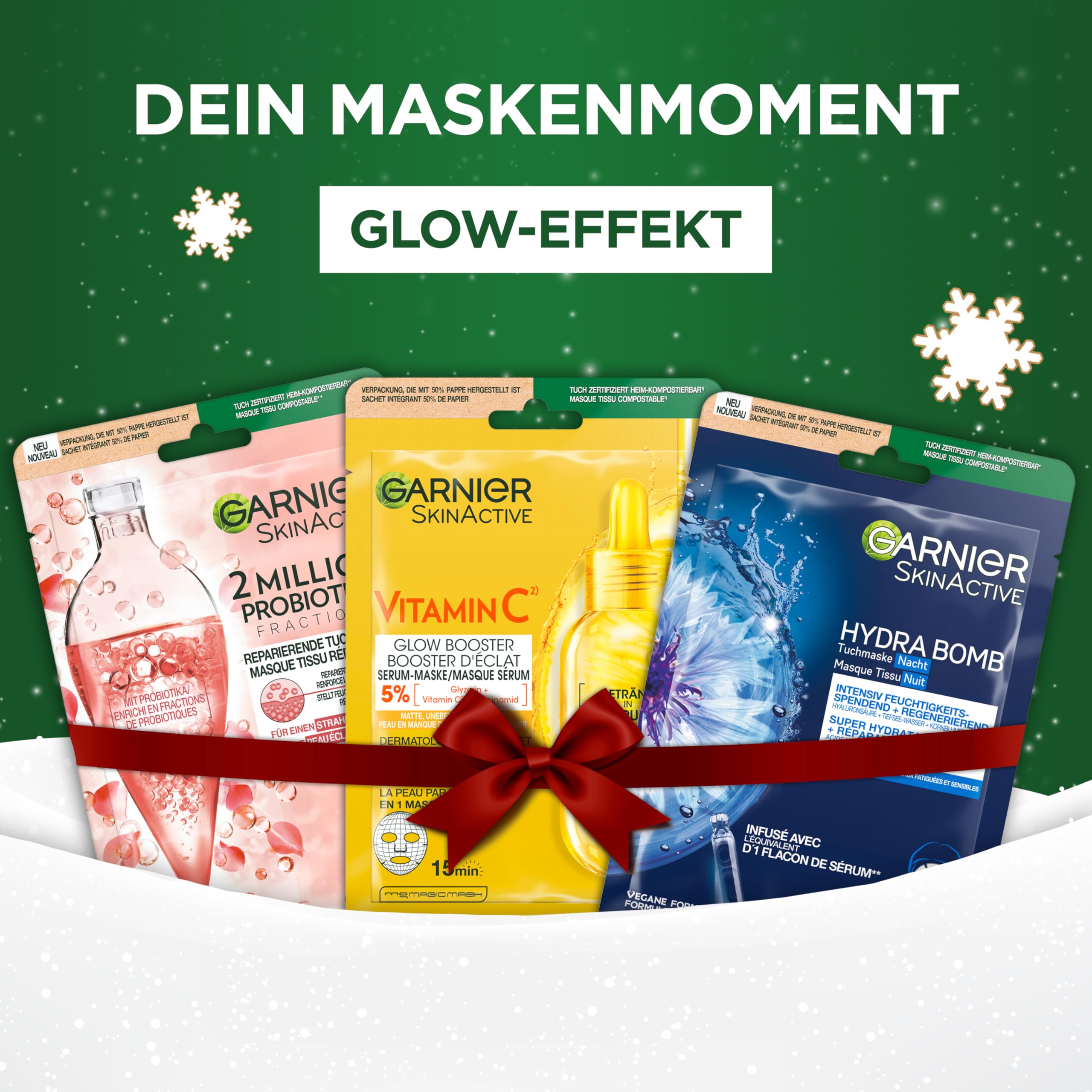Garnier 24-częściowy kalendarz adwentowy z maseczkami, zestaw kosmetyków z maseczkami do twarzy firmy Hydra Bomb i SkinActive, różne maseczki z tkaniny, na kojące momenty maski, 1 x 24 maski