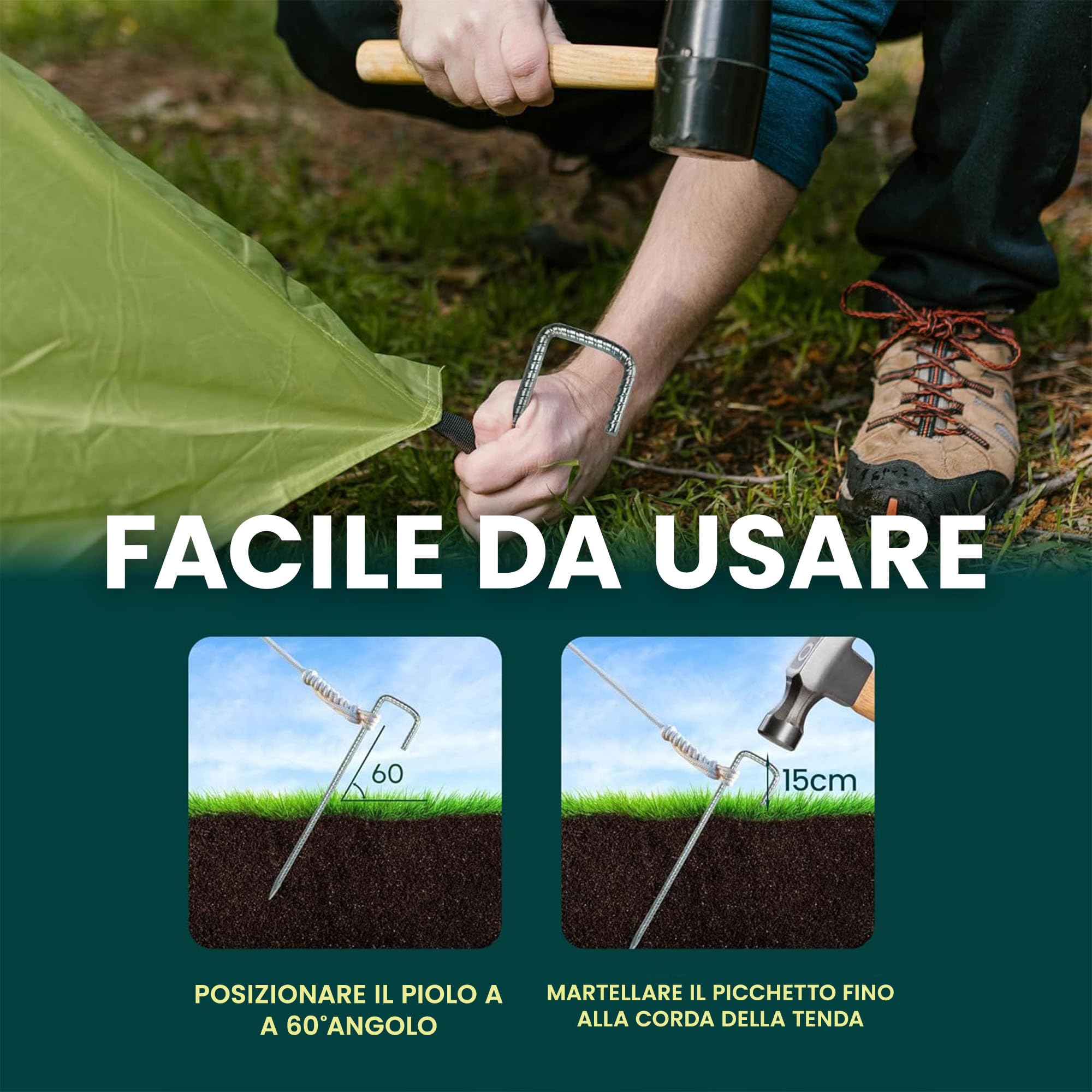 GREEN HAVEN Confezione da 10 picchetti per tenda ultra resistenti, extra spessi, in metallo, picchetti da campeggio, antiruggine, con perno a J spesso 8 mm, ideali per recinzioni agricole, campeggio,