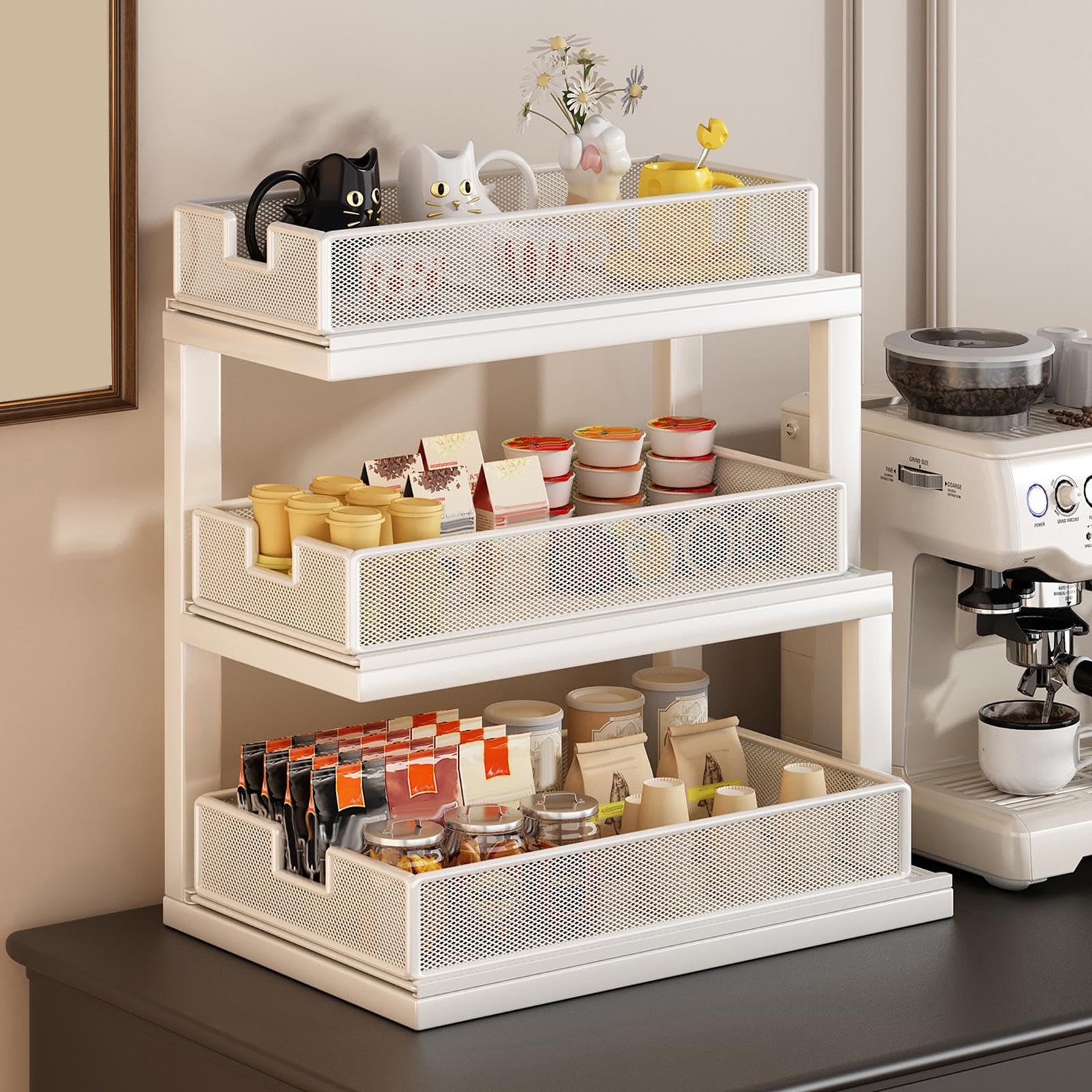 KESOTO Portavasos de 3, Portavasos Independiente, Organizador de Baño Multifuncional, Portavasos de Vidrio para Tazones, Crema Y Azúcar, Blanco, tal como se describe