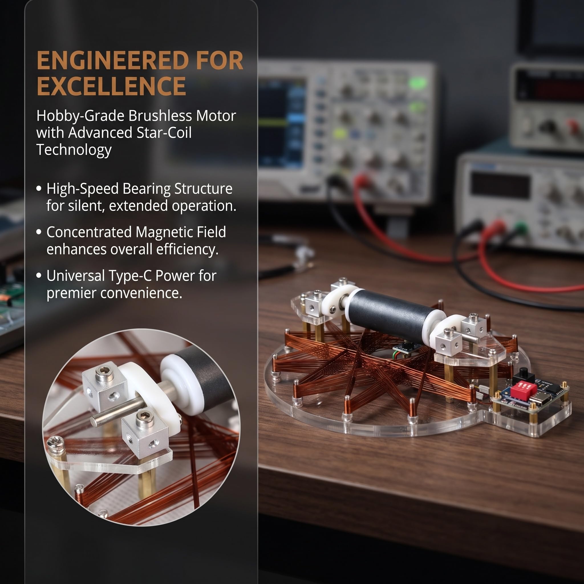Metal Star Coil Motor, Hall Brushless Motor, High Speed Bearing Science Physics Experiment Model, Type-C Powered, 2000-5000 obr./min, do nauczania fizyki, narzędzie edukacyjne