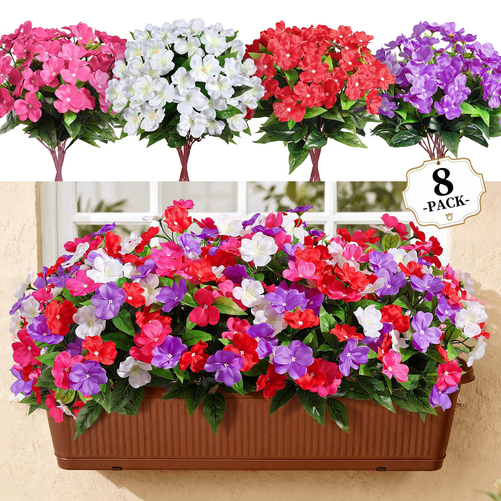 Alupssuc 8 Bundles Artificial Impatiens Flowers Faux Silk Plant for Indoor Outdoor Decor, UV Resistant No Fade Fake Spring Flowers for Porch, Yard,