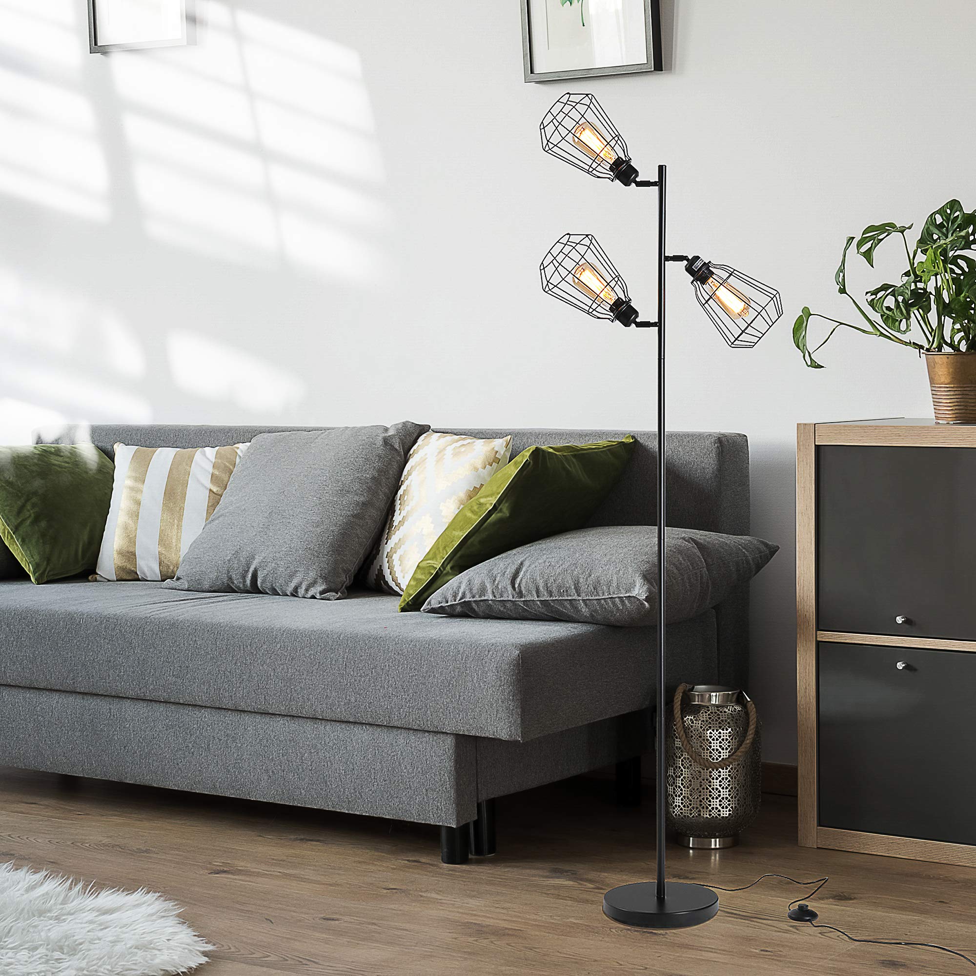 HOMCOM Lampada da Terra in Stile Industriale con 3 Paralumi Regolabili, Interruttore a Pedale, Acciaio Nero, Ф36 x 165cm