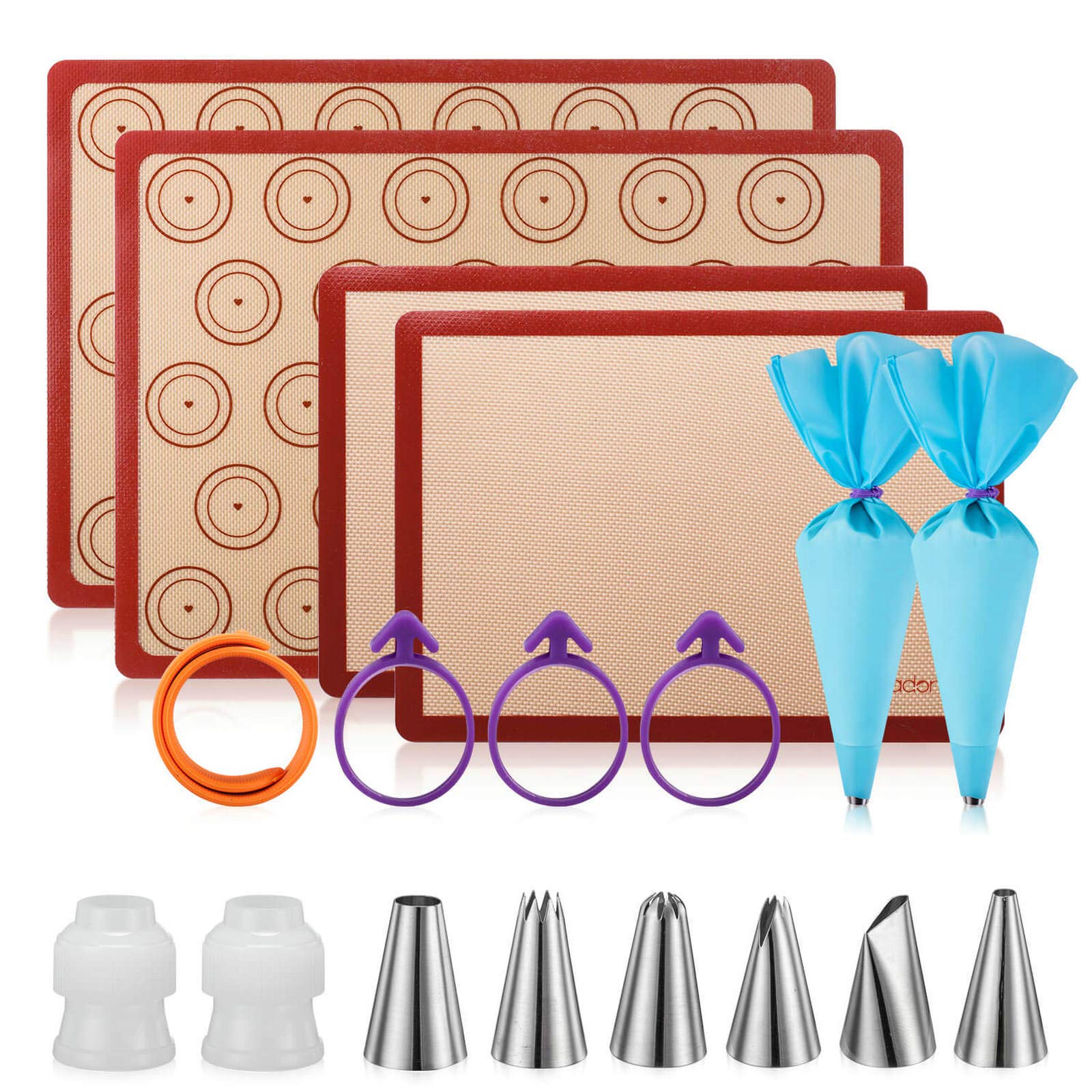Macaron-Silikon-Backmatten-Set – Macaron-Backmatten-Set, 2 halbe Macaron-Backmatte, 2 Viertel-Macaron-Backbleche, 2 Spritzbeutel mit Beutelband, 6 Spritztüllen, Macaron-Backset