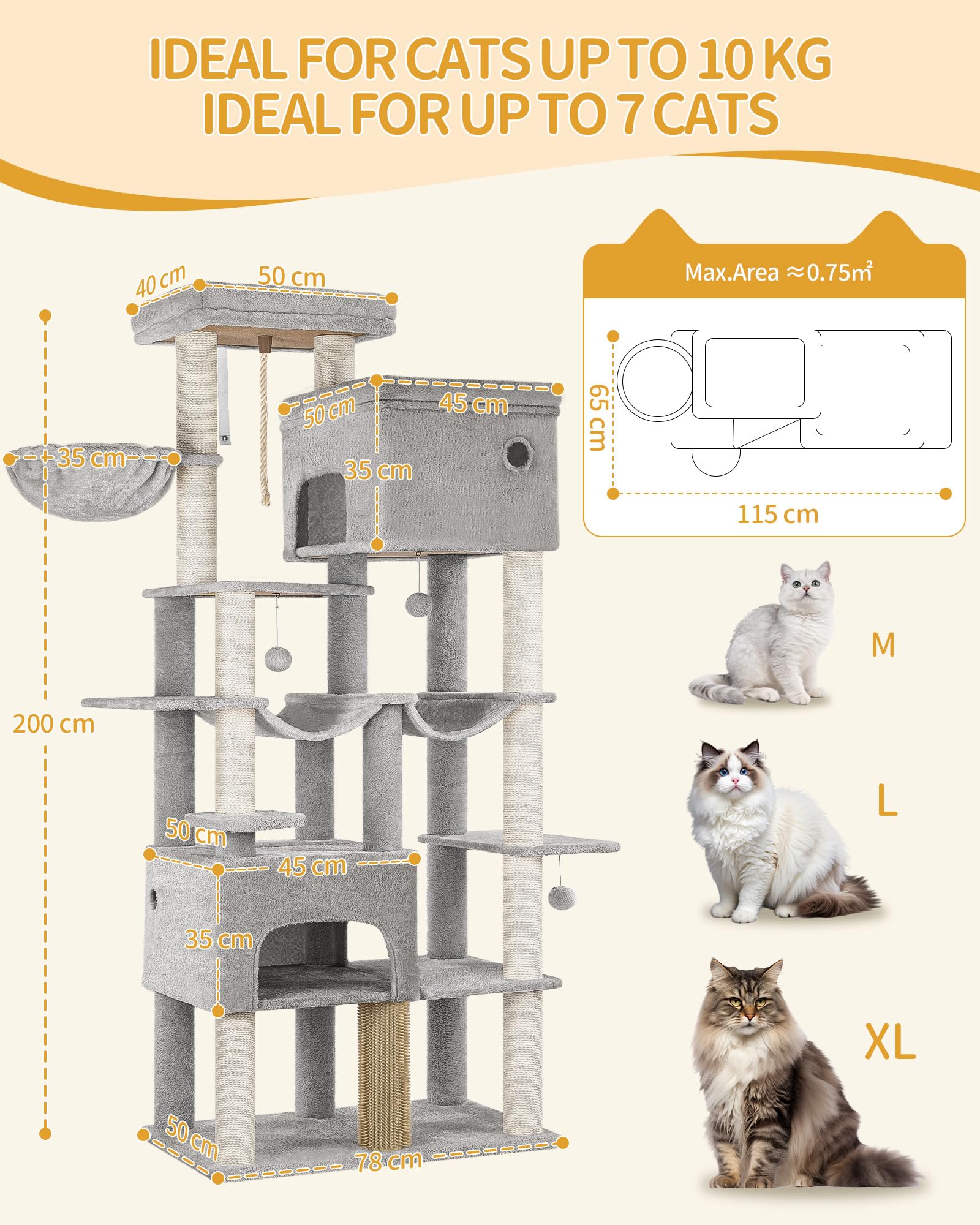 Hzuaneri Árbol de Gato 200 cm XXL, Rascador con 2 Casitas y 10 Sisal, Torre Resistente para Gatos Grandes Maine Coon, Incluye 2 Hamacas, Gris Claro MS20018LG