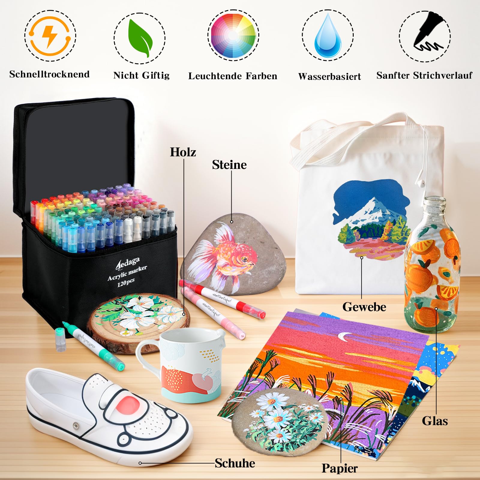 AEDAGA‌ 120 Farben Nummerierte Acrylstifte Set mit App Acrylic Marker | Doppelspitze | Vielseitig einsetzbar | Wasserfest | Starke Deckkraft | Acrylfarben Set Stifte für Eier, Holz, Stein, Leinwand