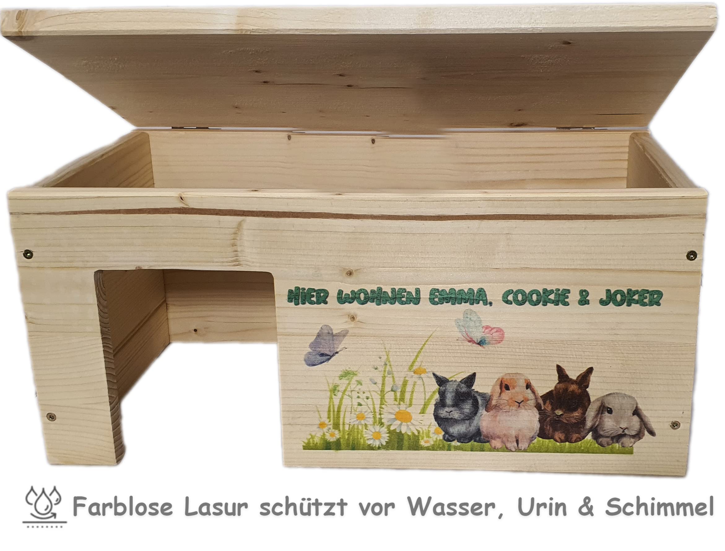 Kaninchenhaus Personalisiert mit Wunschnamen ihrer Hasen mit 2 Eingängen, Stabil, Holzlasur & Aufklappbar / 45x25x22cm