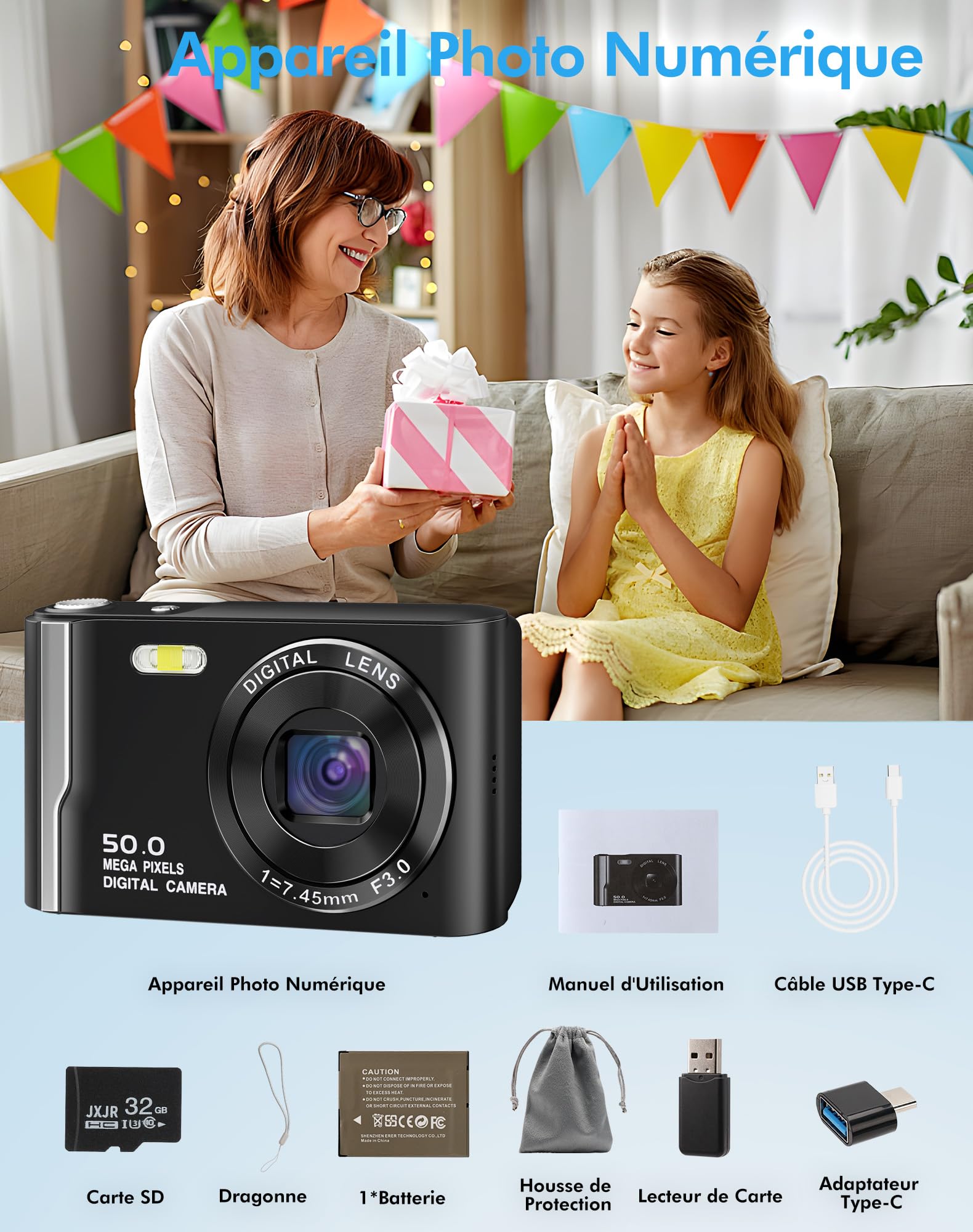 Appareil Photo Numérique Compact Portable 4K, 50MP Autofocus Digital Camera avec Écran IPS 2,8", Zoom Numérique 16X, Carte Mémoire Micro 32 G et Batterie, pour Enfants, Adolescents et Débutant