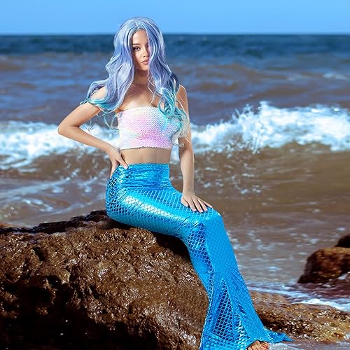 Miniatura 5 de Cindeer Disfraz de sirena de 3 piezas para mujer, incluye blusa corta de sirena con lentejuelas, parte superior metálica sin tirantes, falda de