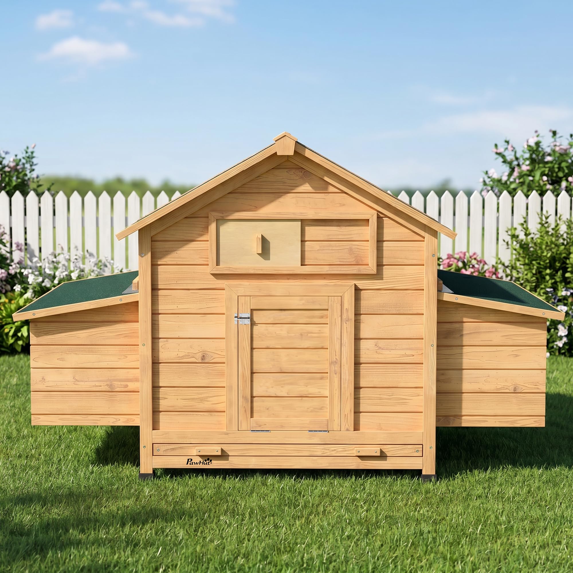 PawHut Pollaio in Legno con 2 Nidi, Pollaio per Galline da Esterno con Tetto Apribile Impermeabile, Vassoio Estraibile e Trespoli, Casetta per 2-4 Galline, Anatra, Giardino, 150x100x96.5 cm, Giallo