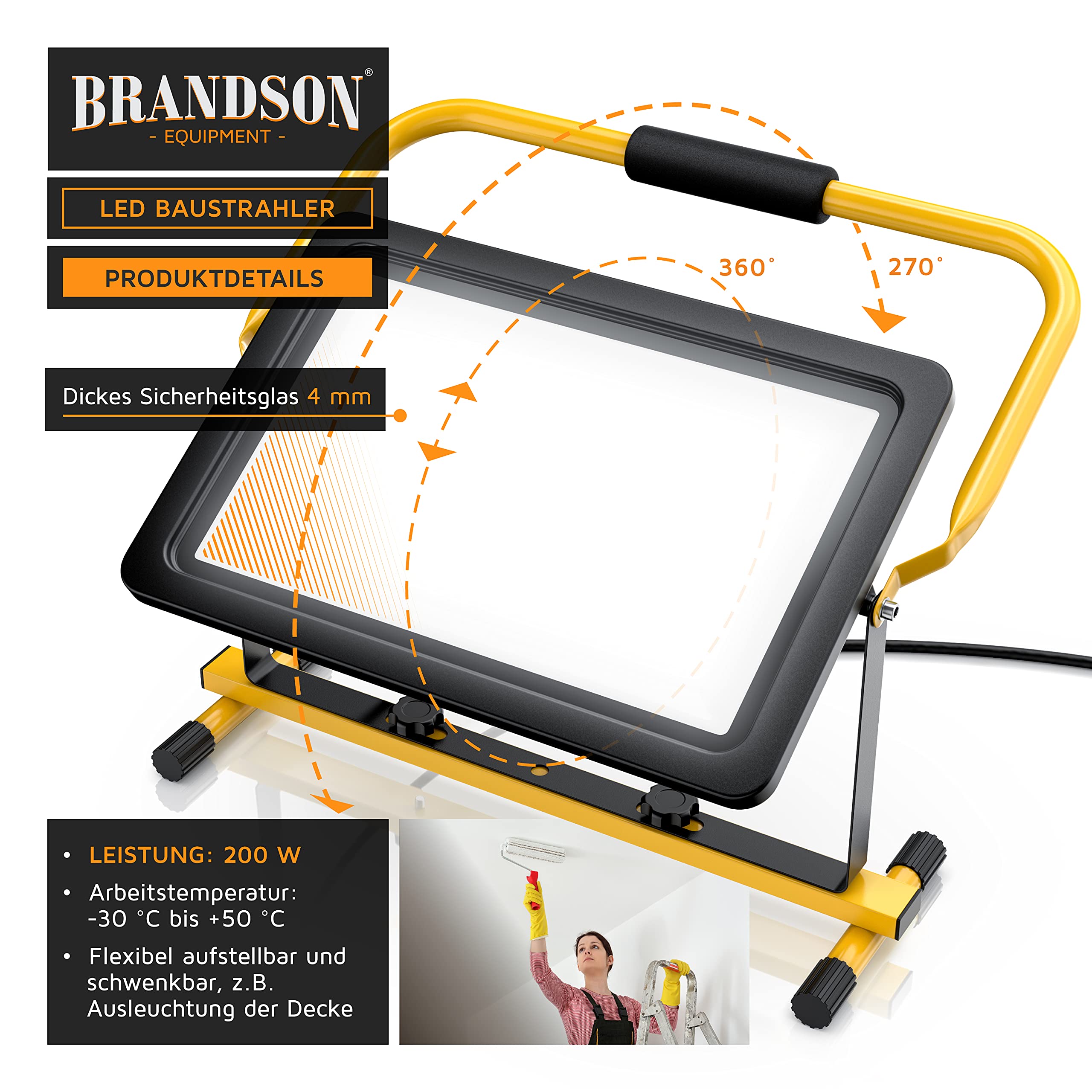 Brandson - Reflektor Budowlany LED 200 W - Reflektor Roboczy - 288 SMD LED - 6400 K - Stelaż i Uchwyt do Noszenia - 16000 Lumenów - Kabel Zasilający 4 m - Obudowa Metalowa - IP65
