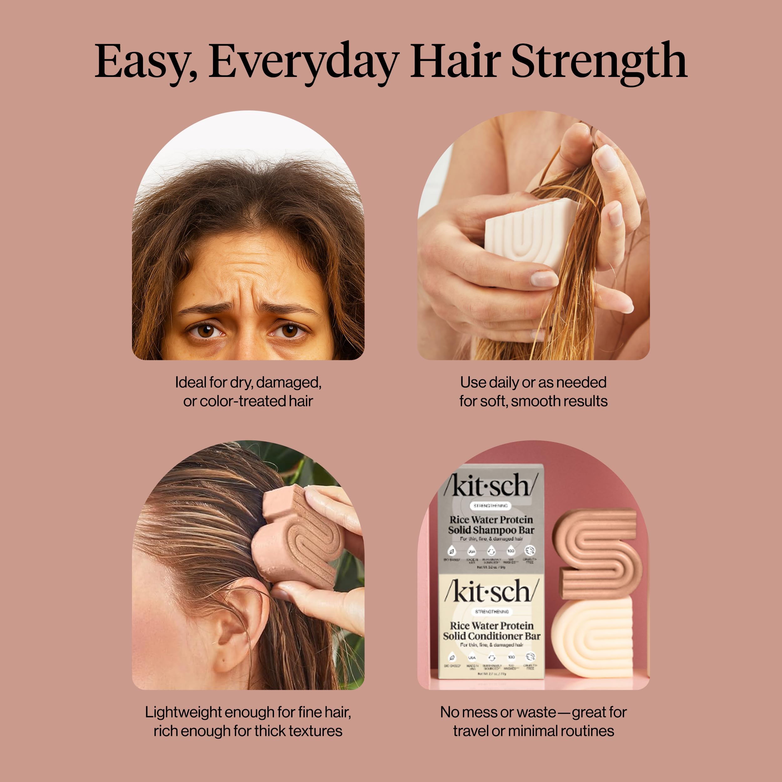 Kitsch Rice Water Protein Solid Shampoo and Conditioner Set for Hair Growth – Strengthening Hair Care Duo w/Rice Protein & Vitamins for Damage Repair – Paraben, Sulfate & Silicone Free, Made in USA