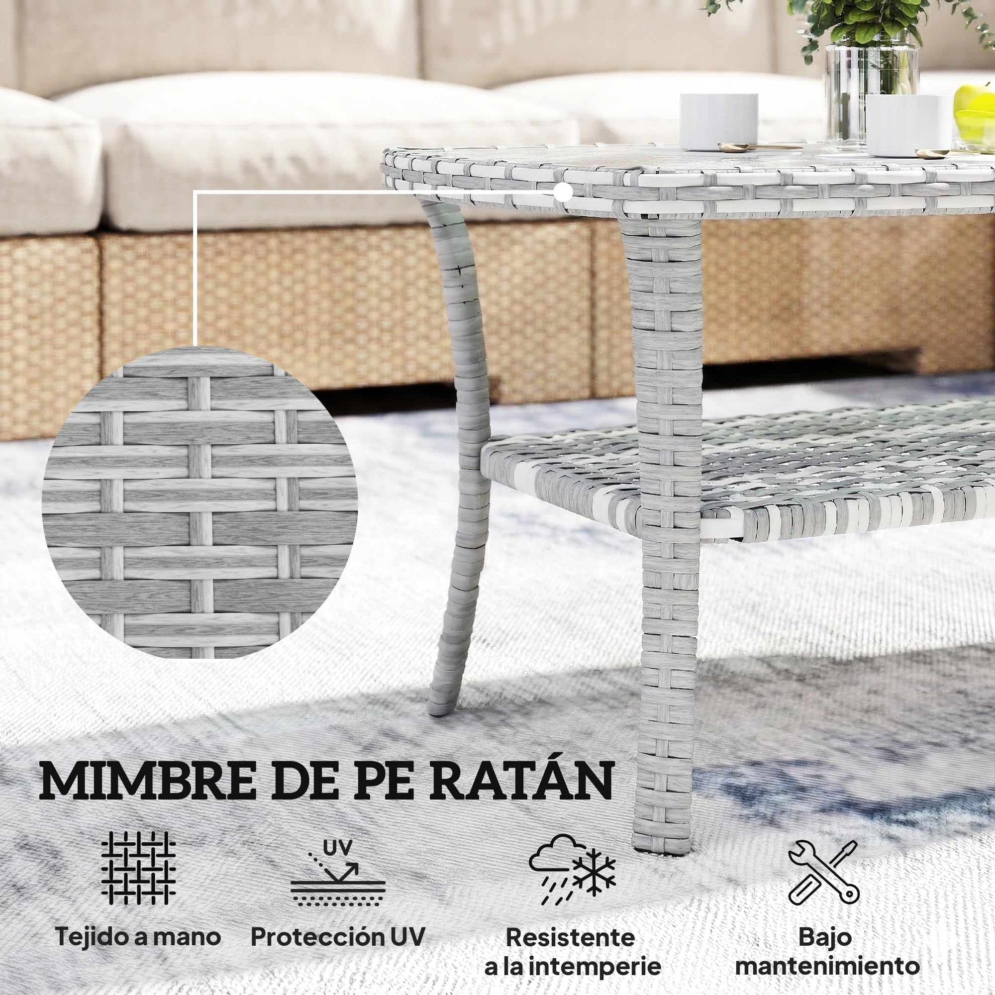 Outsunny Tavolo da giardino esterno in rattan con mensola, tavolino rettangolare da giardino, piano in vetro temperato con onde, struttura in acciaio, per terrazza, patio, 90 x 50 x 45 cm, grigio