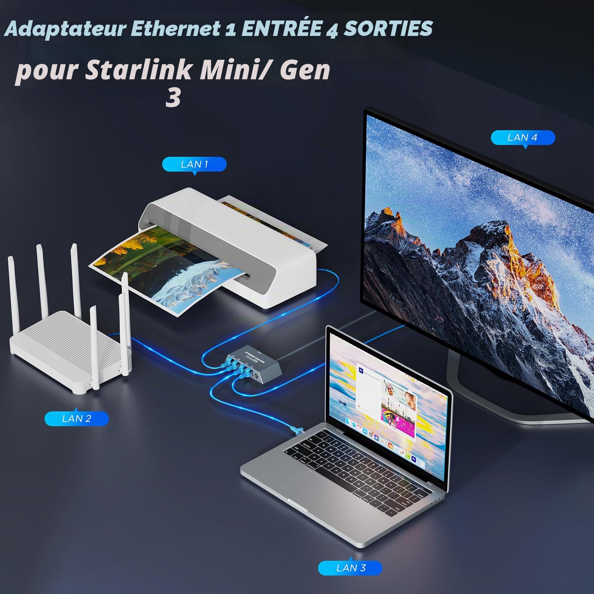 Adaptateur pour Starlink Gen 3/ Mini Ethernet réseau Externe Filaire, Adaptateur Ethernet 1 à 4 [4 appareils en réseau simultanément] – jusqu'à 1 Gbps