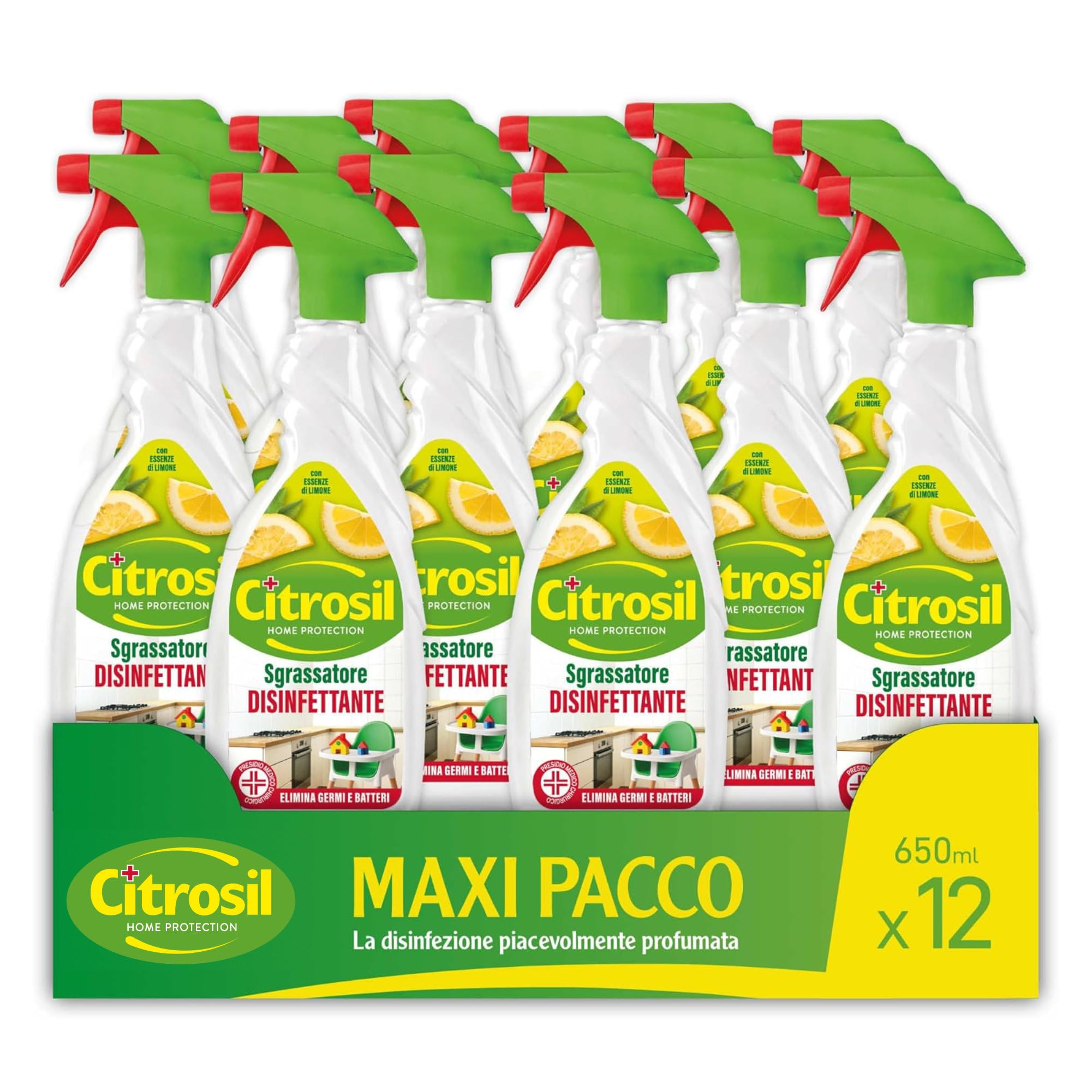 Citrosil Sgrassatore Disinfettante Superfici, essenze di limone, 650 ml x12 | Sgrassa a fondo ed elimina fino al 99,9% di germi e batteri. Grazie alle essenza di limone lascia una piacevole profumo