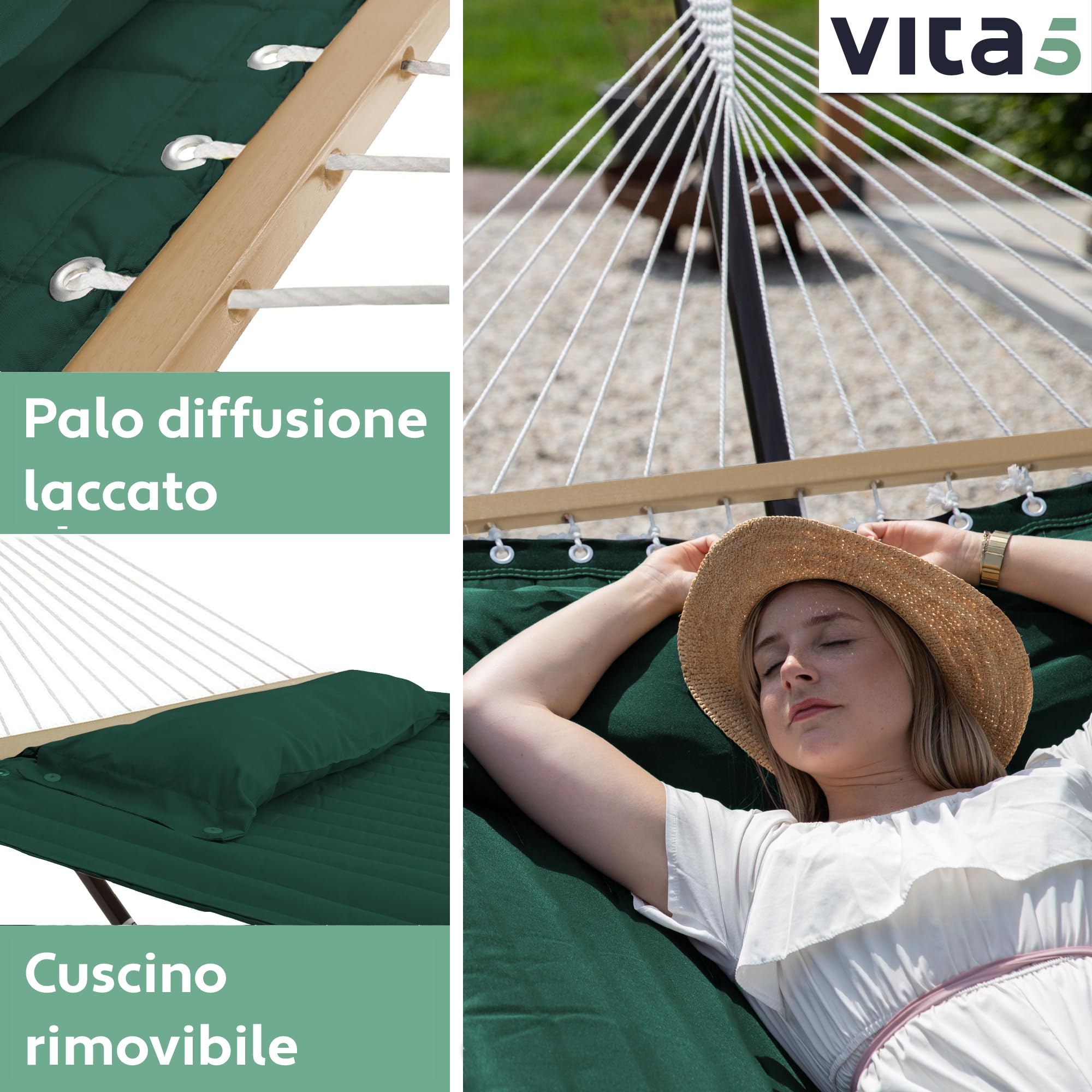 VITA5 Amaca con Struttura e Tavolino – Amaca da Giardino per 2 Persone con Supporto in Acciaio – Amache Doppia per Esterno, Balcone, Piscina – Portata 200kg – Telo Traspirante UV