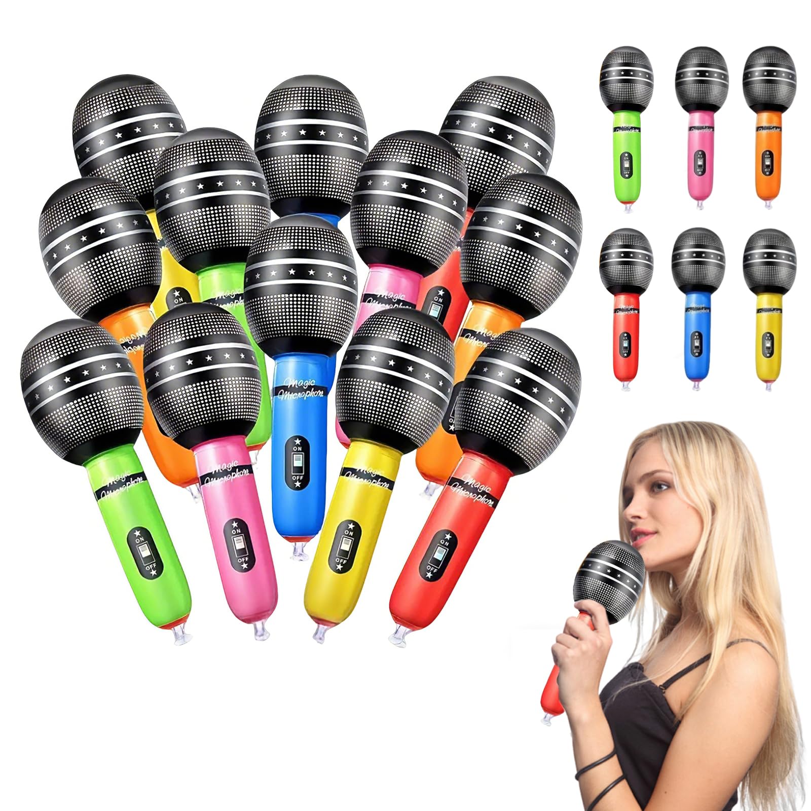 PLUSHCEWT 12 Pcs Inflatable Blow Up Microphone for Parties,Rock Star Party Props Fake Microphone for Stage Performance,Portable Mini Mic Microphones Musical Instrument Party Supplies (Random Color)