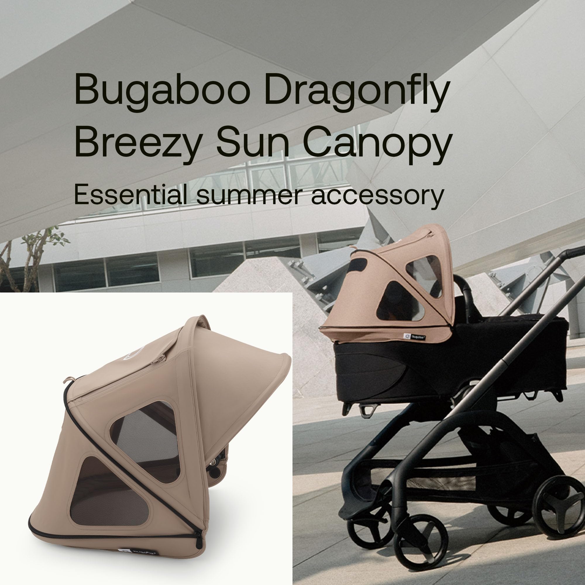 Bugaboo Dragonfly Breezy Sun Canopy, Extendable for Extra Coverage and Optimal Sun Protection, Water Repellent, Dune Taupe - Image 2