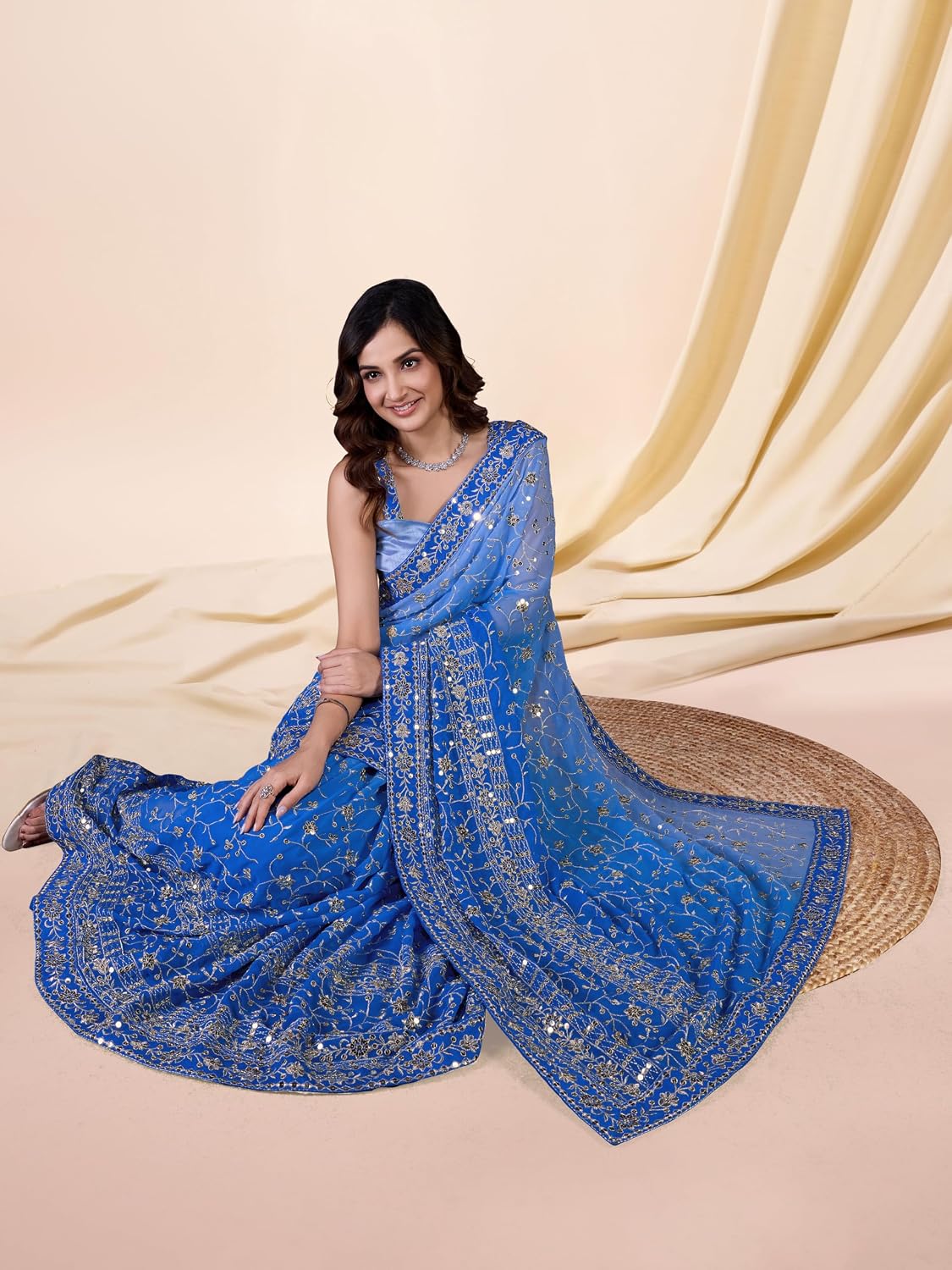 TRENDMALLS Women's Georgette Sequence with Embroidery work Saree with Unstitch Blouse Piece (K963-Skyblue)