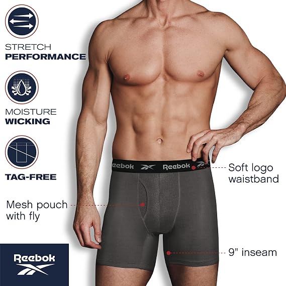 Reebok Mens Boxer Briefs 6 Pack Performance Underwear with Pouch 9'' Inseam