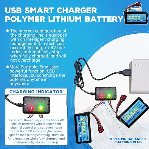 Miniatura 4 de AMZZN 2 baterías Lipo de 7.4 V 2000 mAh 15C 2S con enchufe en T y cargador 2 en 1 para WLtoys 12423 12401 12403 12428 Autos RC de alta velocidad