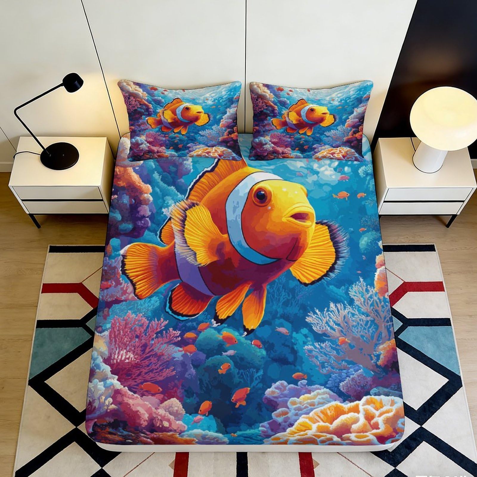 3D Printed Clownfish Coral Reef Fitted Sheet Microfiber Soft Anti-Slip Bed Cover for Bedroom Guest Room Mattress Decor 120x200x25cm